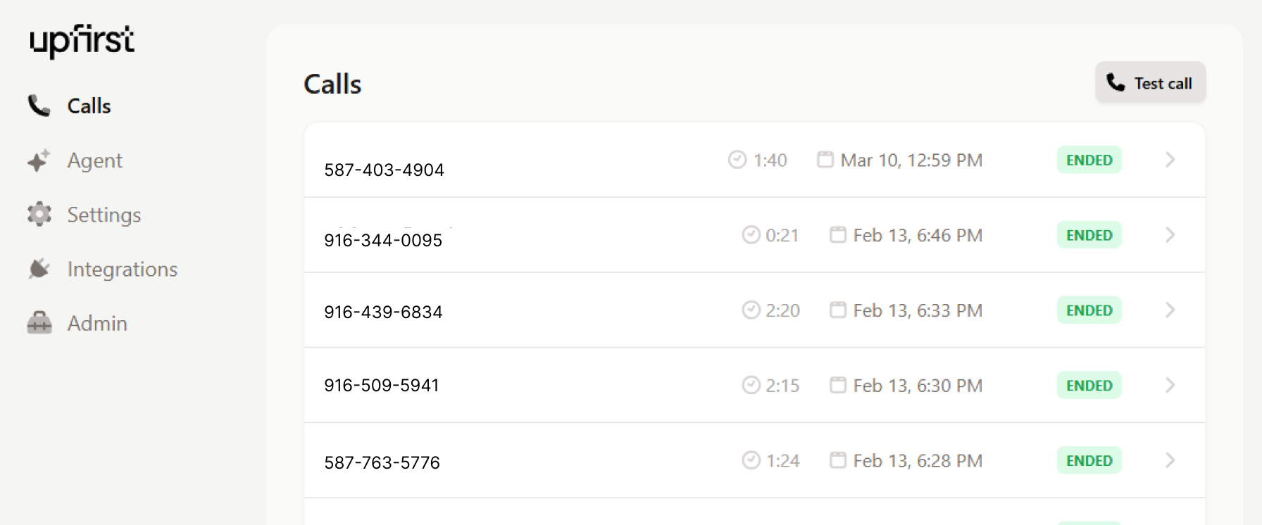 Example of Upfirst's dashboard which displays a log of call recordings for business call.