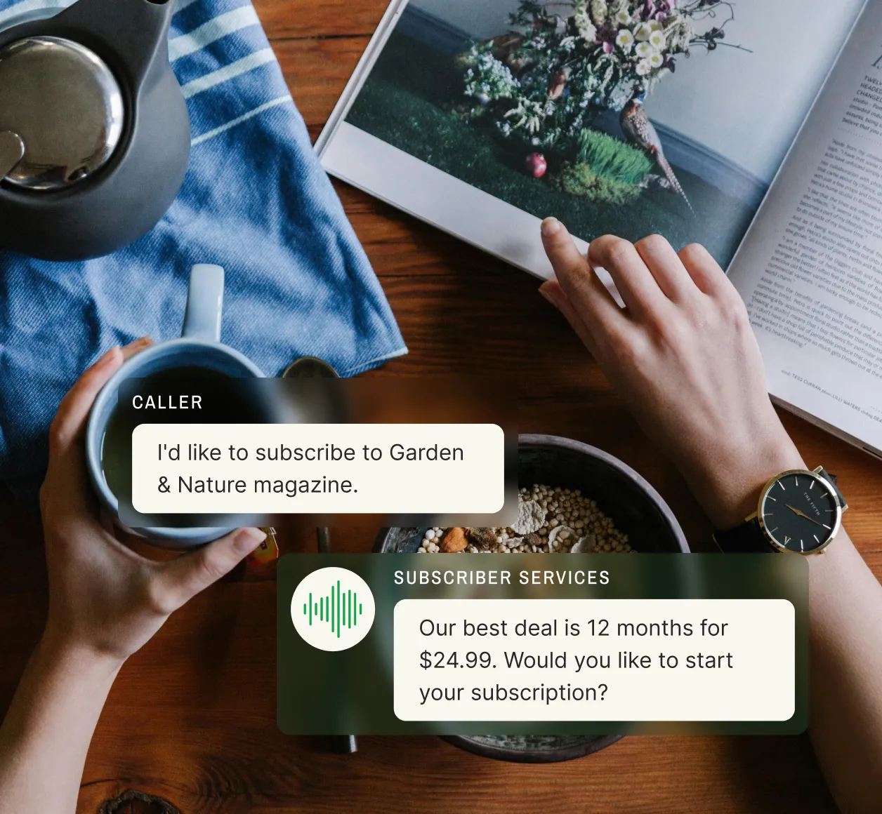Customer reviewing magazine while discussing subscription with phone order taking service