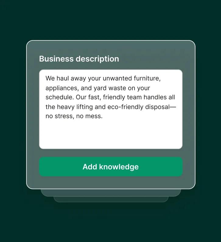 A settings card displays the business description for the junk removal answering service with a prompt to add knowledge.
