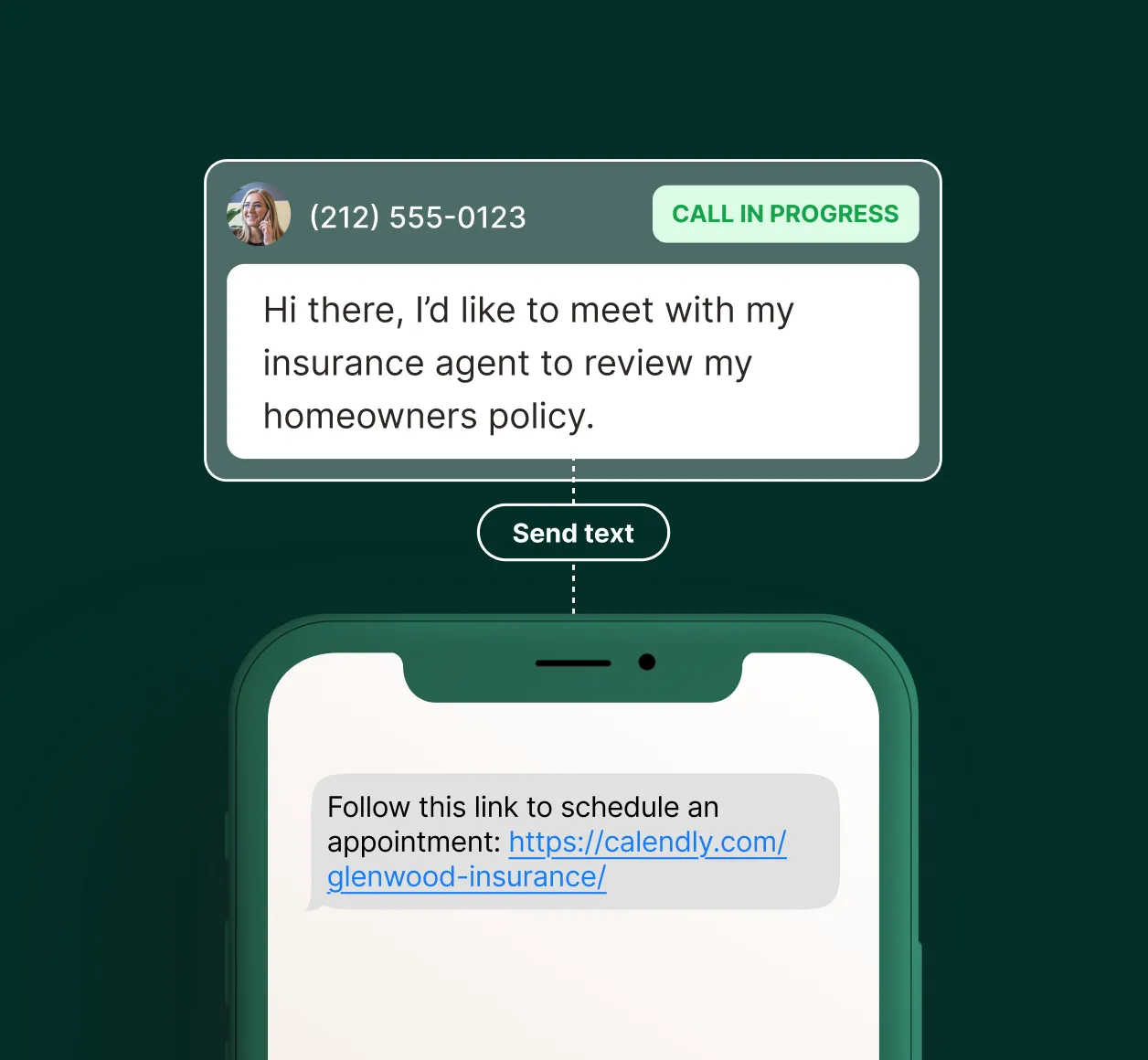 A live call interface for an answering service for insurance where the agent sends a scheduling link via text message.