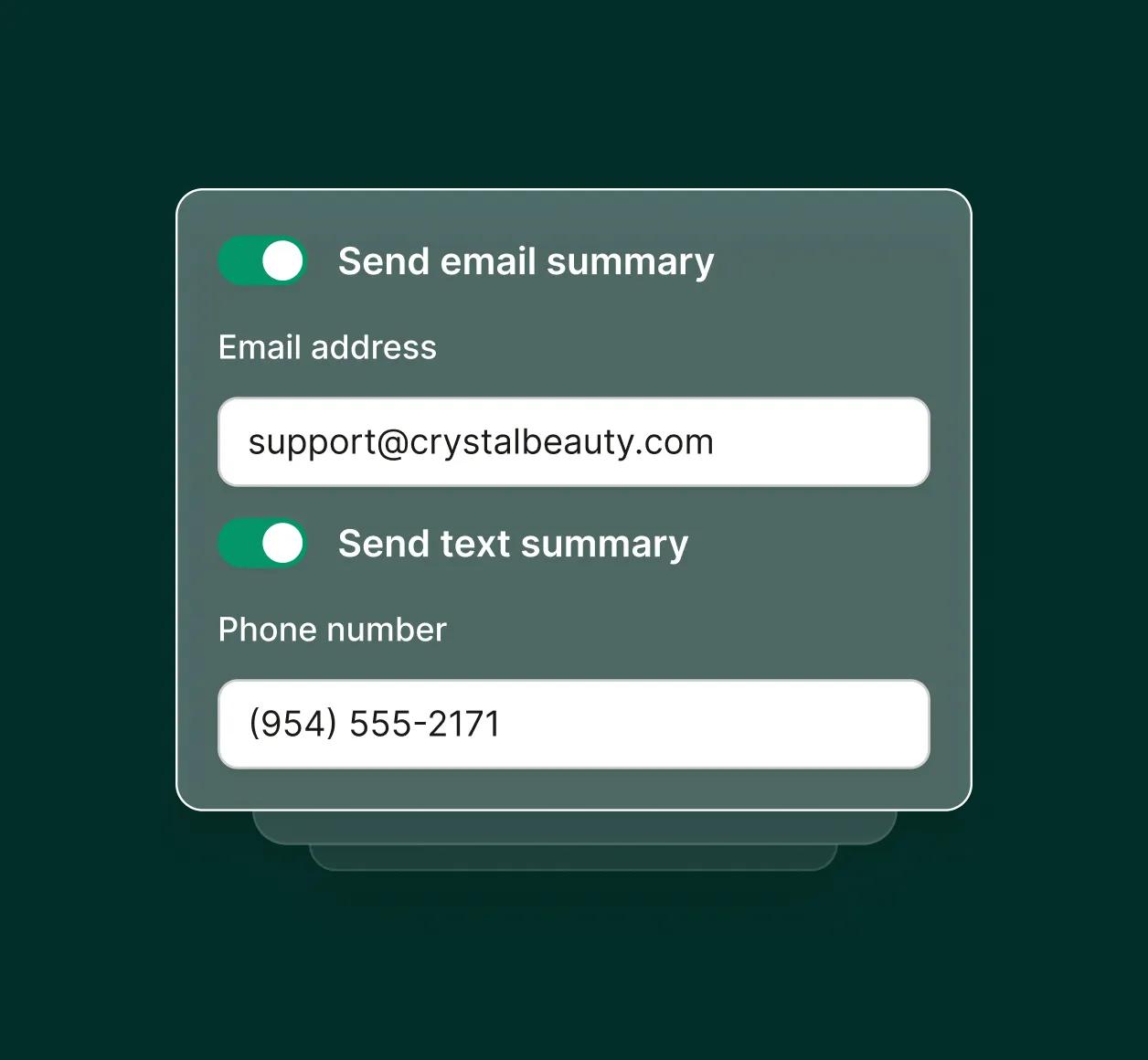A notification panel displays options to send call summaries via email and text, showcasing the functionality of call recording software for business.
