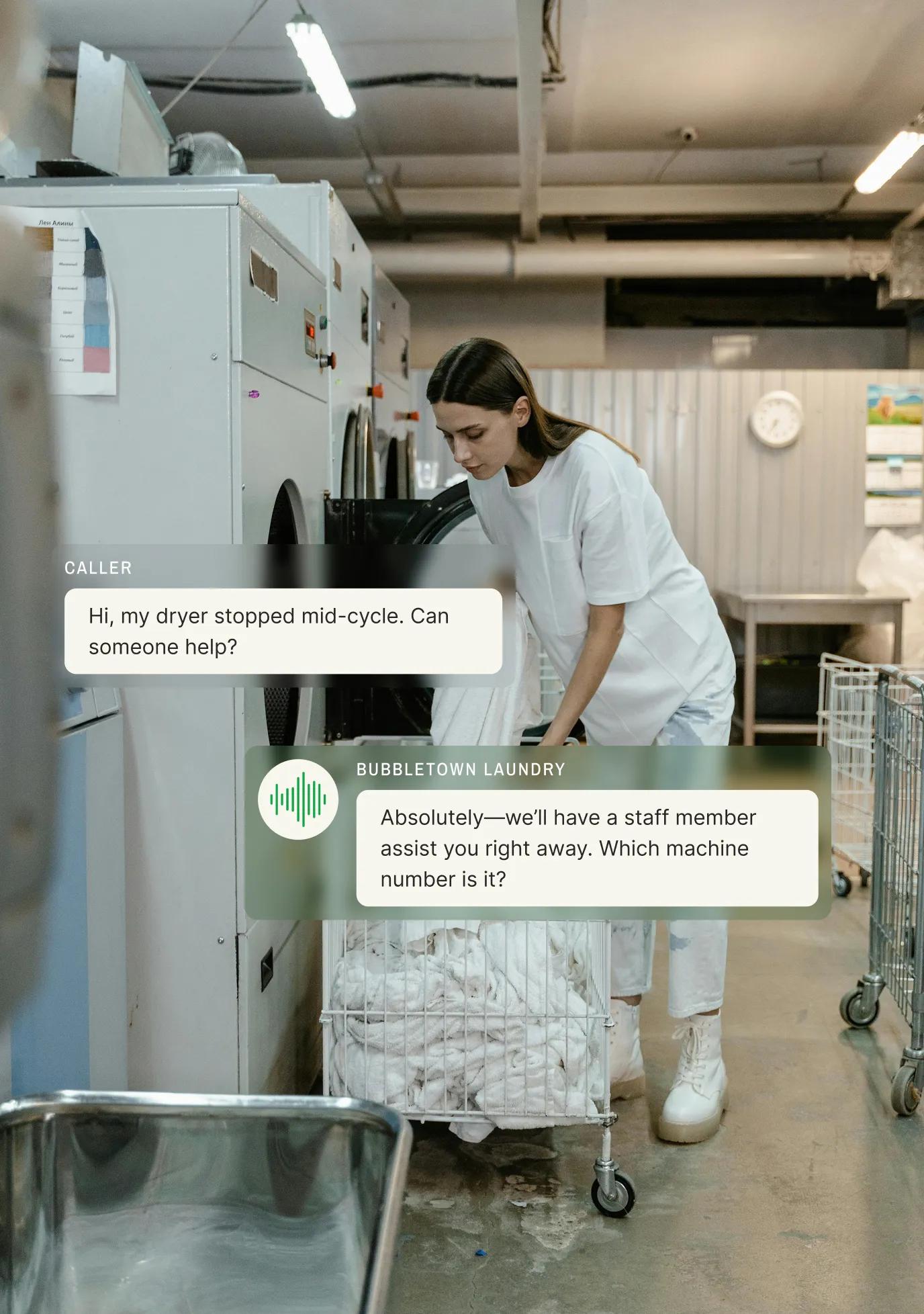 A laundromat attendant checks a dryer while a caller reports a mid-cycle stoppage and an answering service for laundry services asks for the machine number.