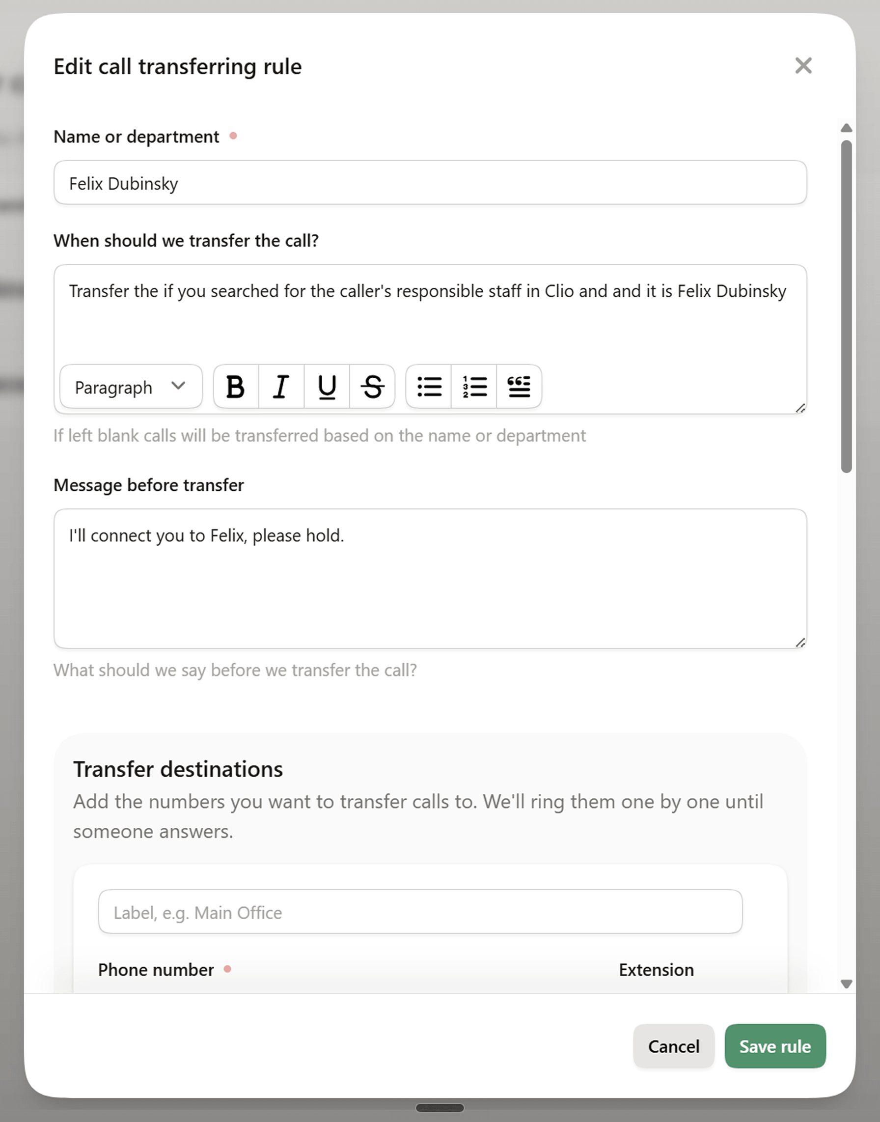 Setting up transfer instructions for Clio call routing rules