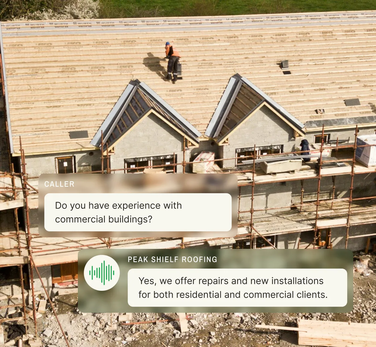Commercial building under construction with roofing answering service handling contractor experience inquiry