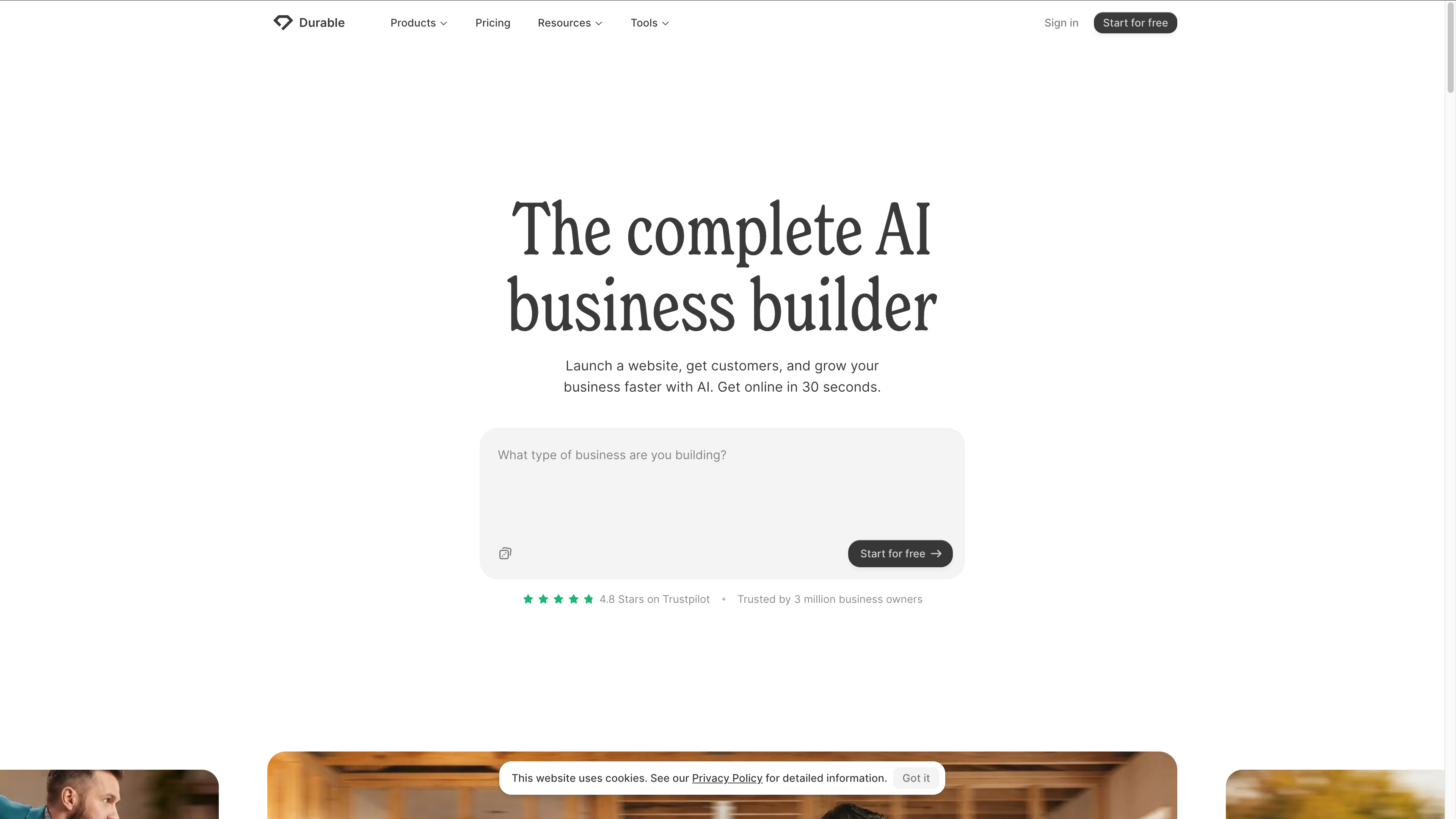 Durable AI website builder homepage