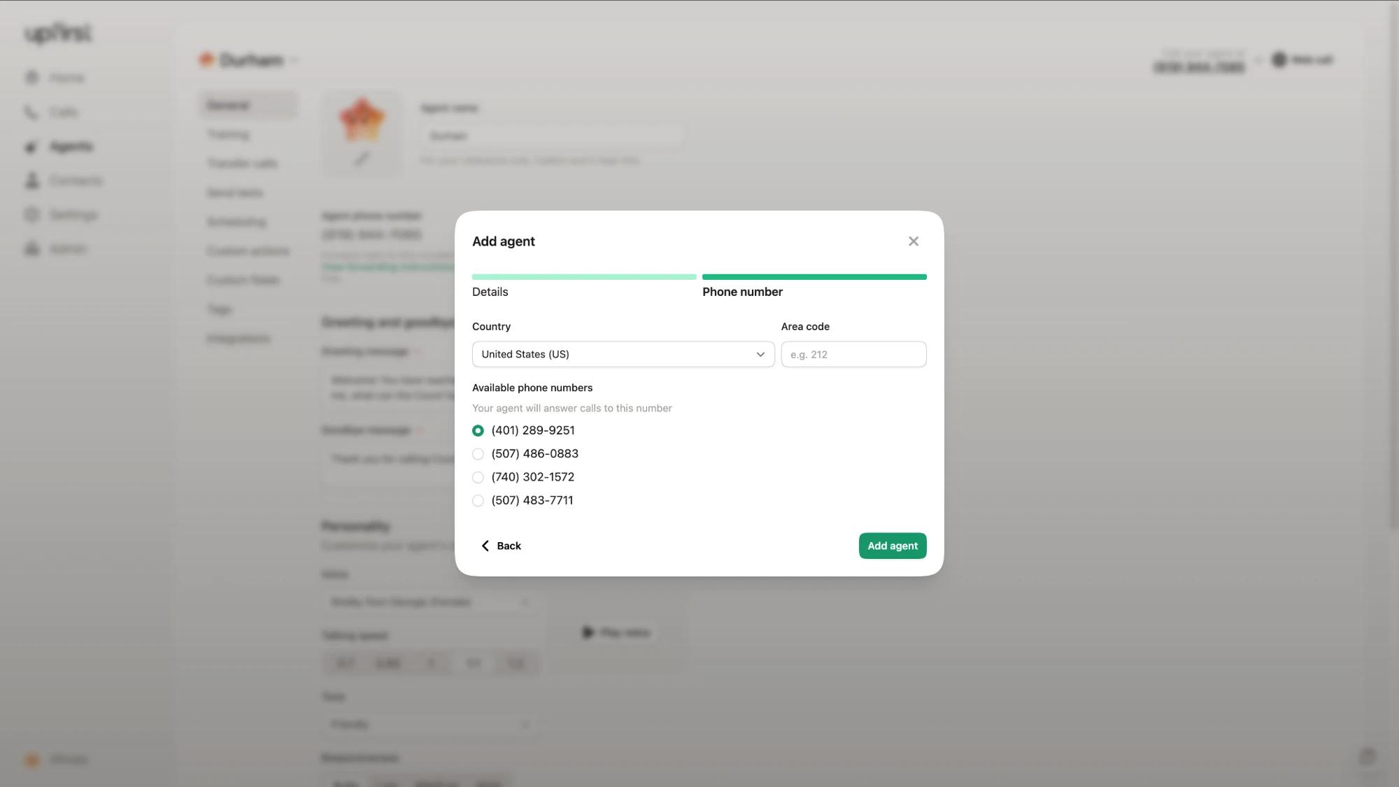 Upfirst's Add agent screen, where you choose a country and area code and pick an available phone number for your AI agent to answer