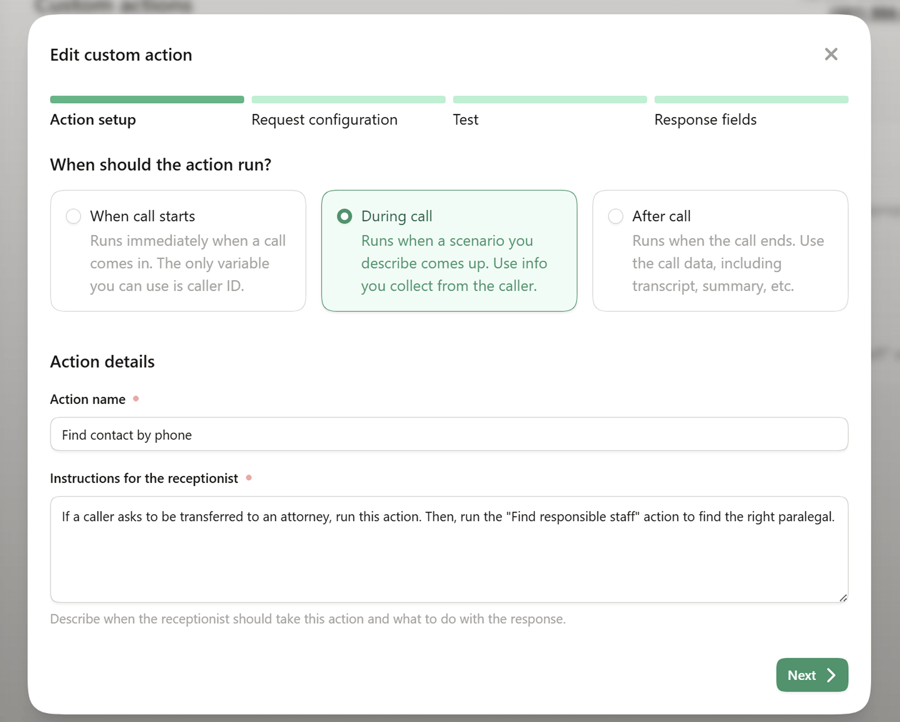Creating the contact lookup custom action in Upfirst
