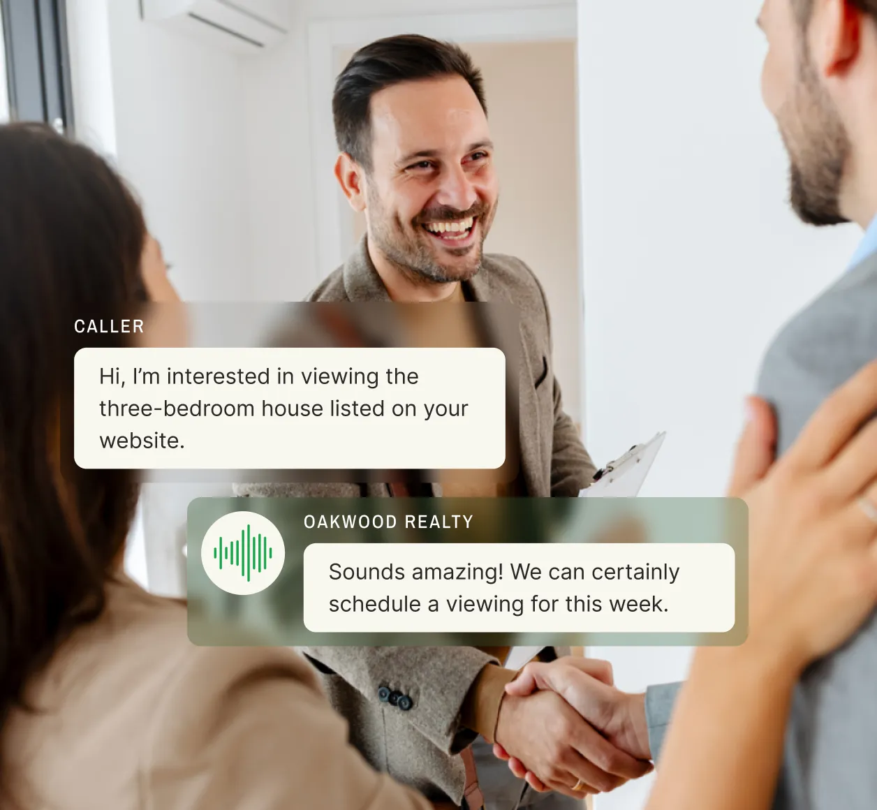 A smiling real estate agent greets potential homebuyers while using voice to text transcription to schedule a house viewing for a three-bedroom property.