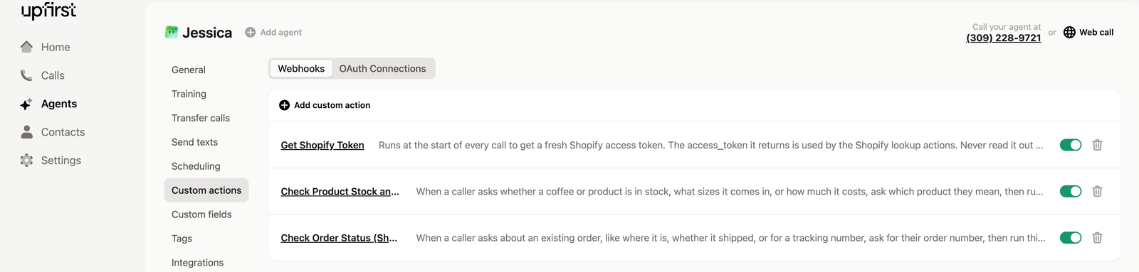 Upfirst Custom Actions page with the three Shopify actions