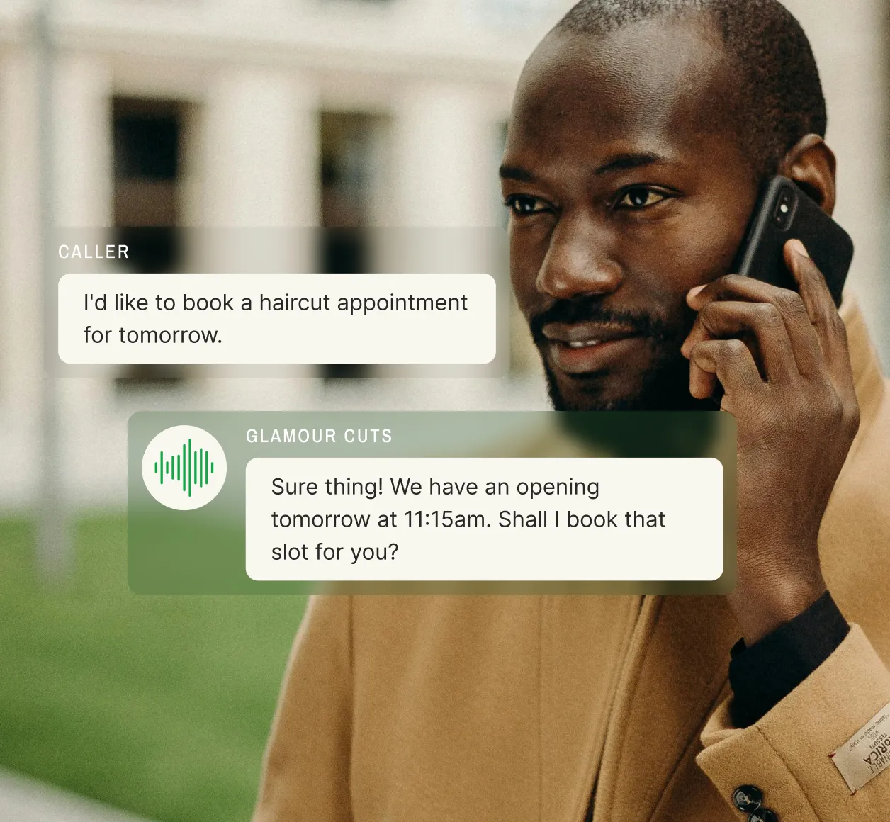 Customer booking a haircut appointment through an after hours answering service, securing a next-day time slot.