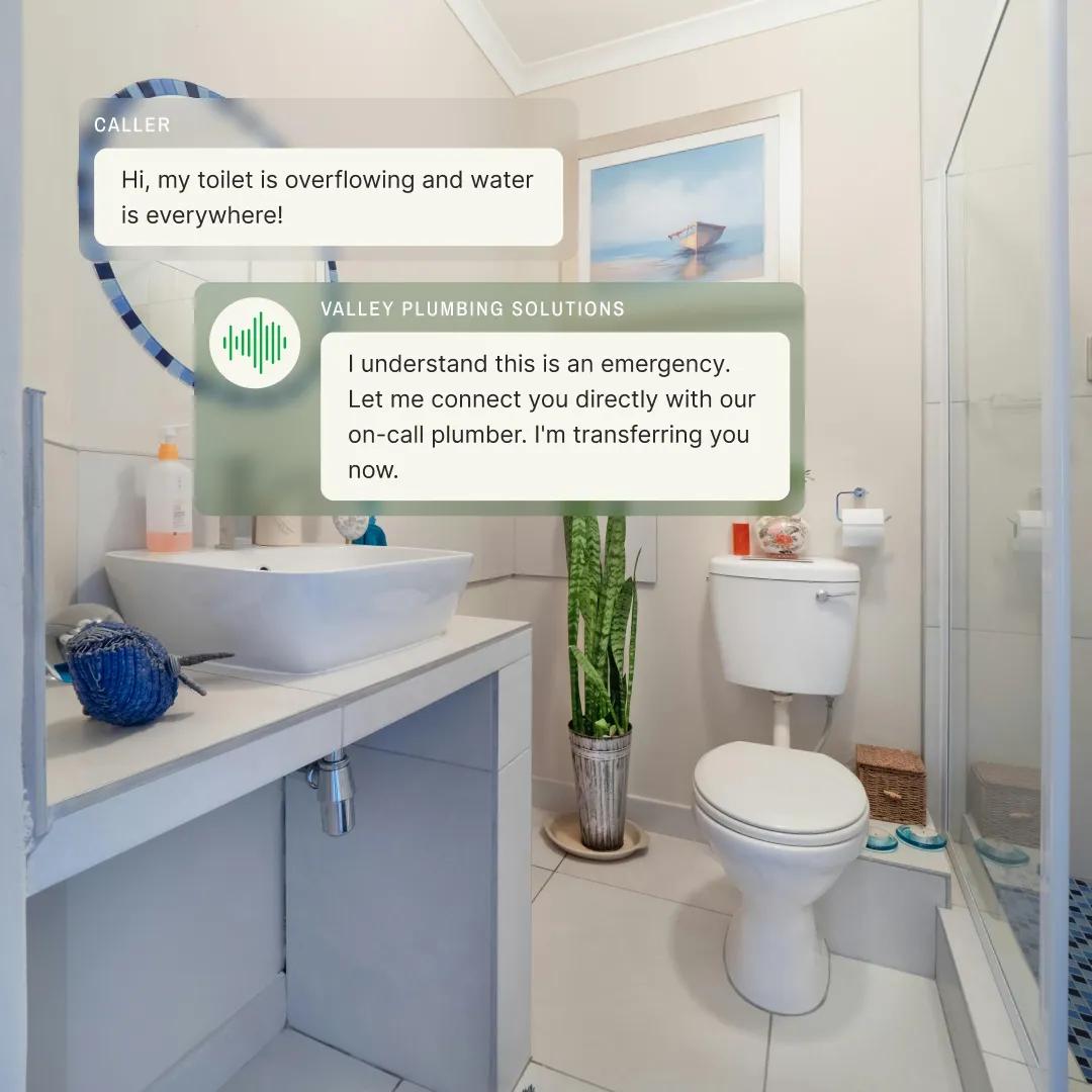 Contractor call answering services connecting a caller to an on-call plumber to fix overflowing water.
