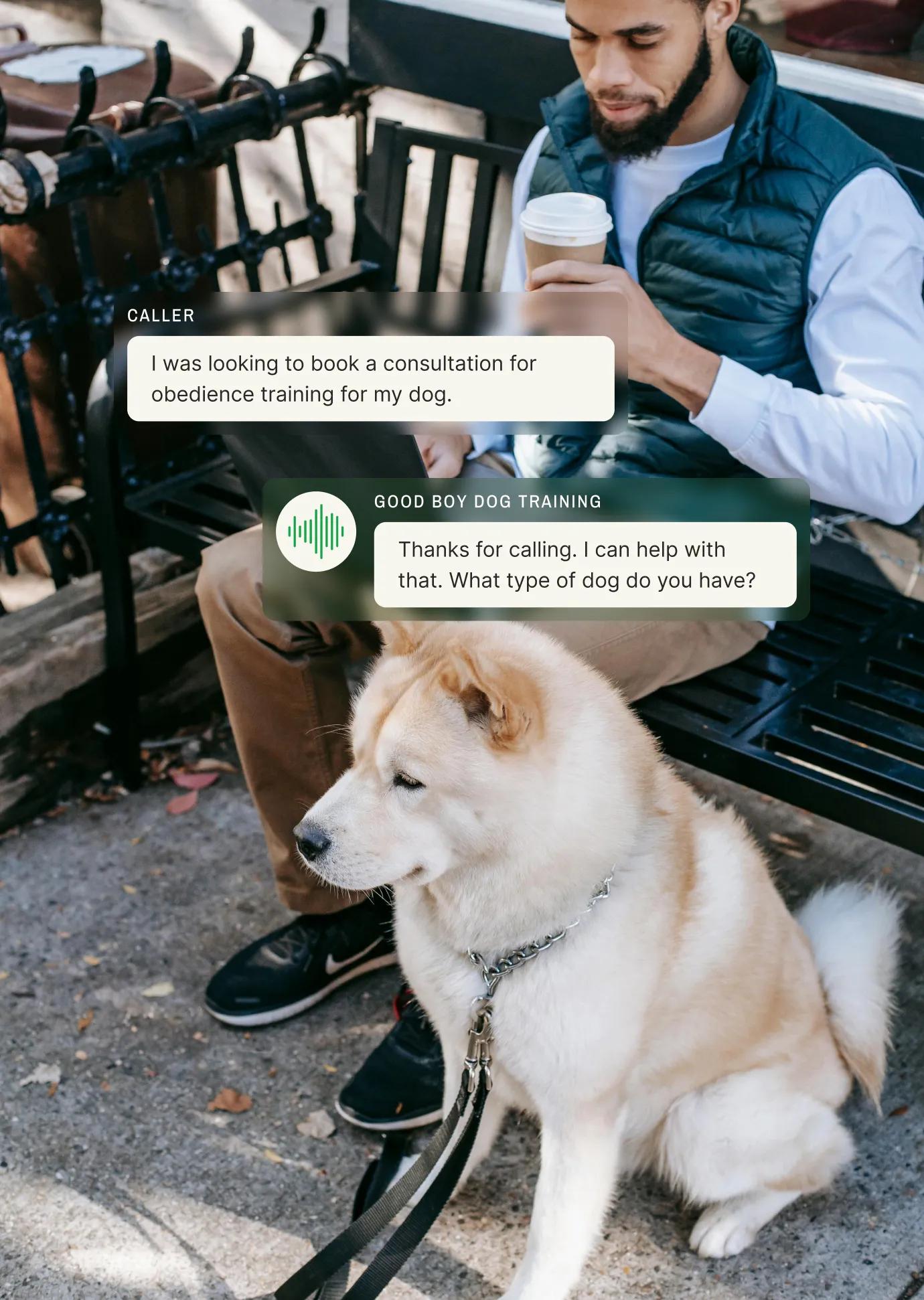 Dog trainer with client and cream-colored dog reviewing training consultation request received through AI voicemail platform