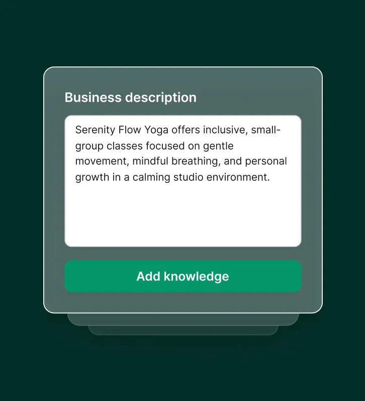 AI receptionist for yoga studio configuration screen showing business description and knowledge setup.