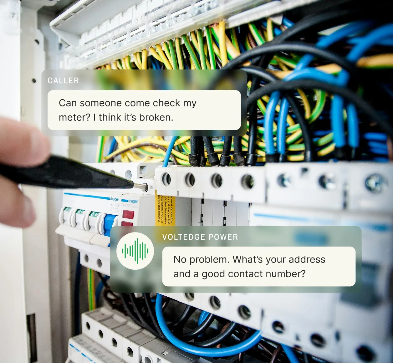 Customer reports a broken meter to a utility industry call center, and the agent asks for the address and contact number.