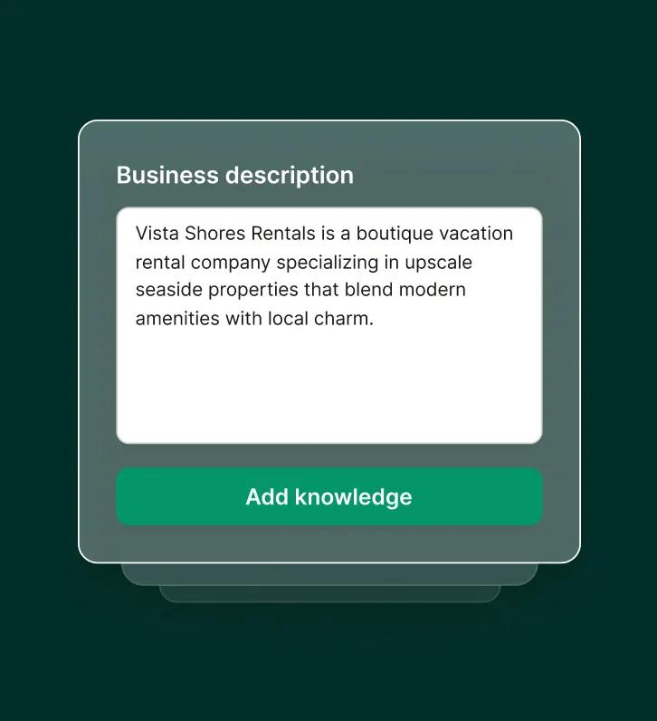 Missed call text back software interface shows a business adding their description to improve personalized responses.