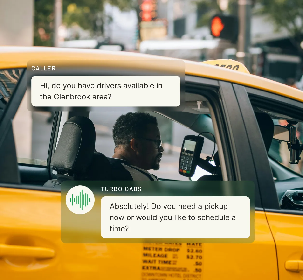 A taxi driver communicates with a caller asking about ride availability in a specific area.