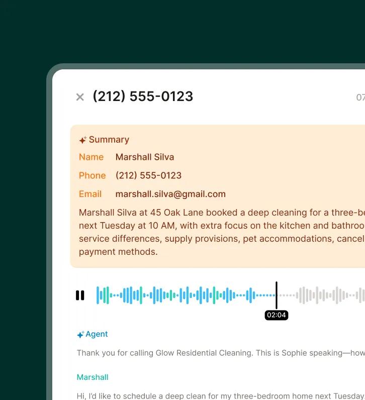  A call transcription and summary from an answering service for cleaning shows customer booking details for a deep cleaning service.