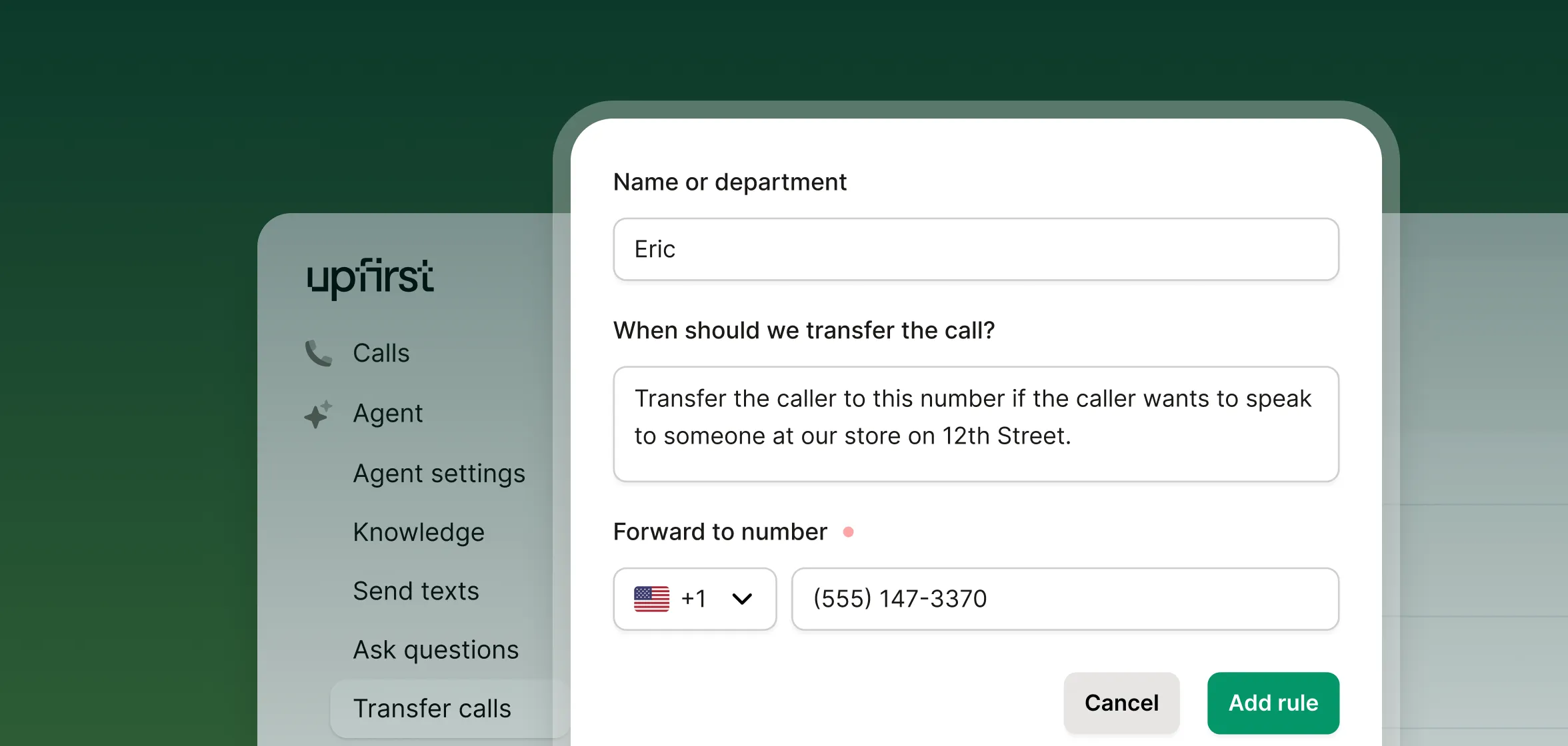 Retail answering service dashboard setting up call transfer rules to route callers to the right store contact.