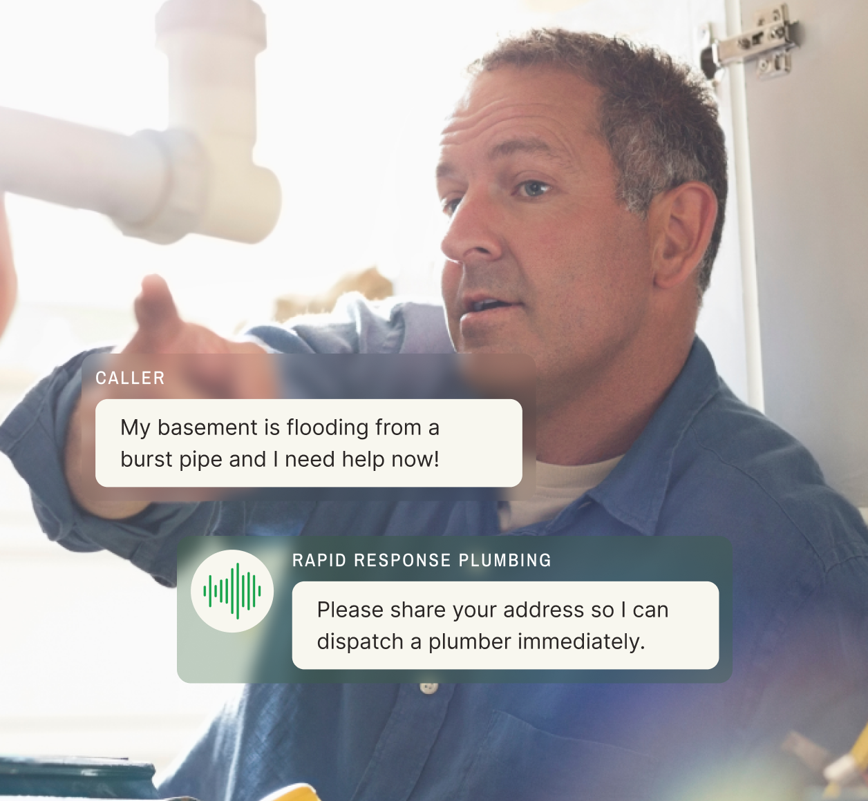 A plumber listens to a distressed caller reporting a basement flood, while the dispatch answering service requests their address to send immediate help.