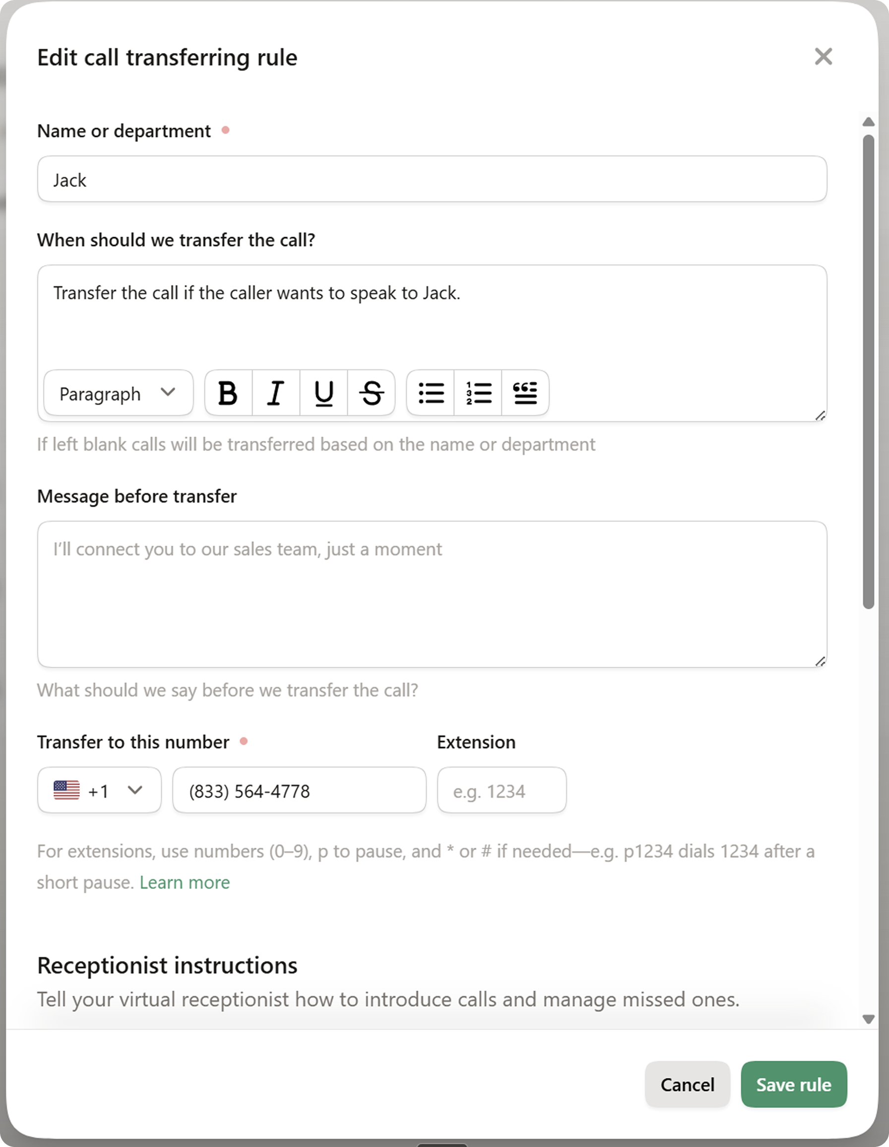 Set up a call transfer rule using an AI receptionist in Upfirst.