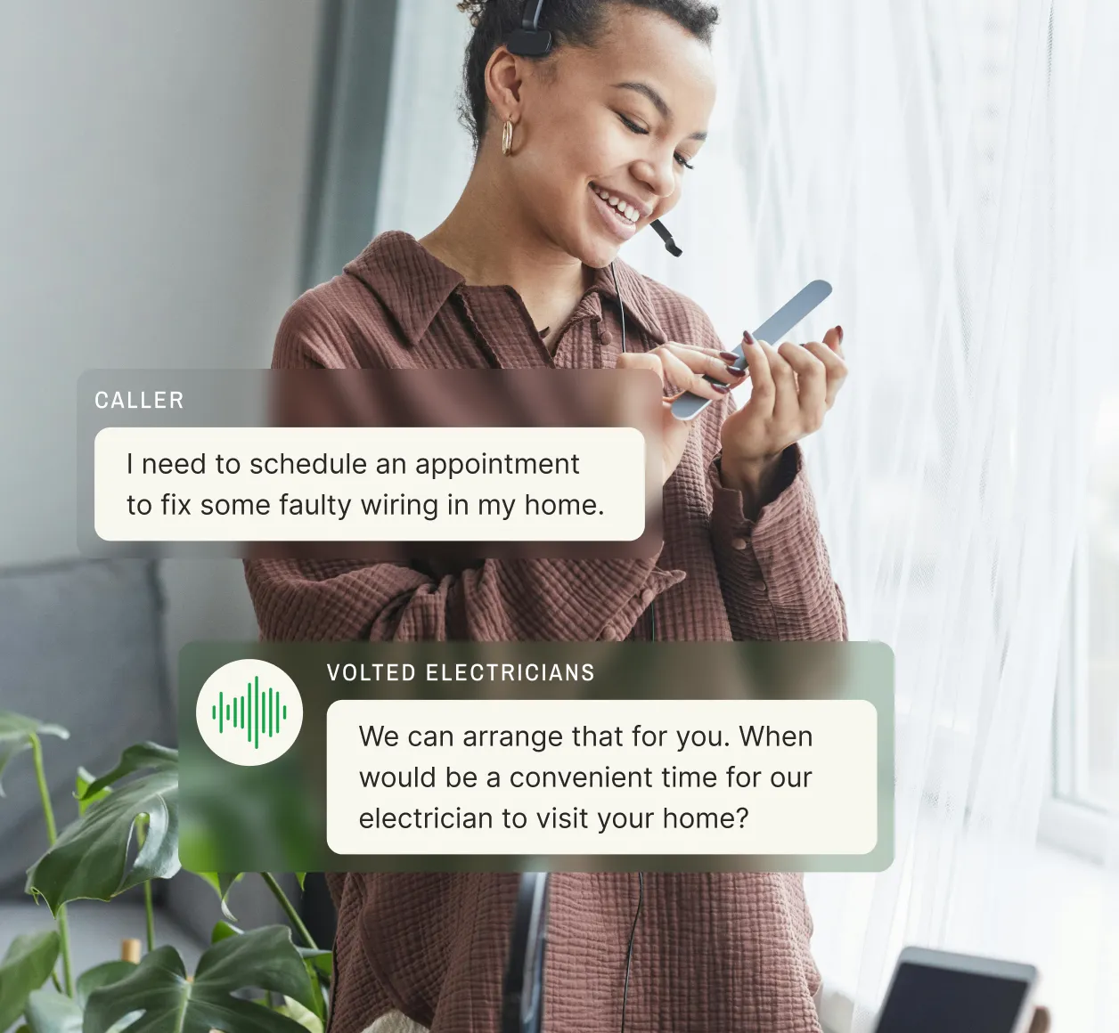 Homeowner booking an appointment for faulty wiring repair with a virtual answering service handling the request seamlessly.