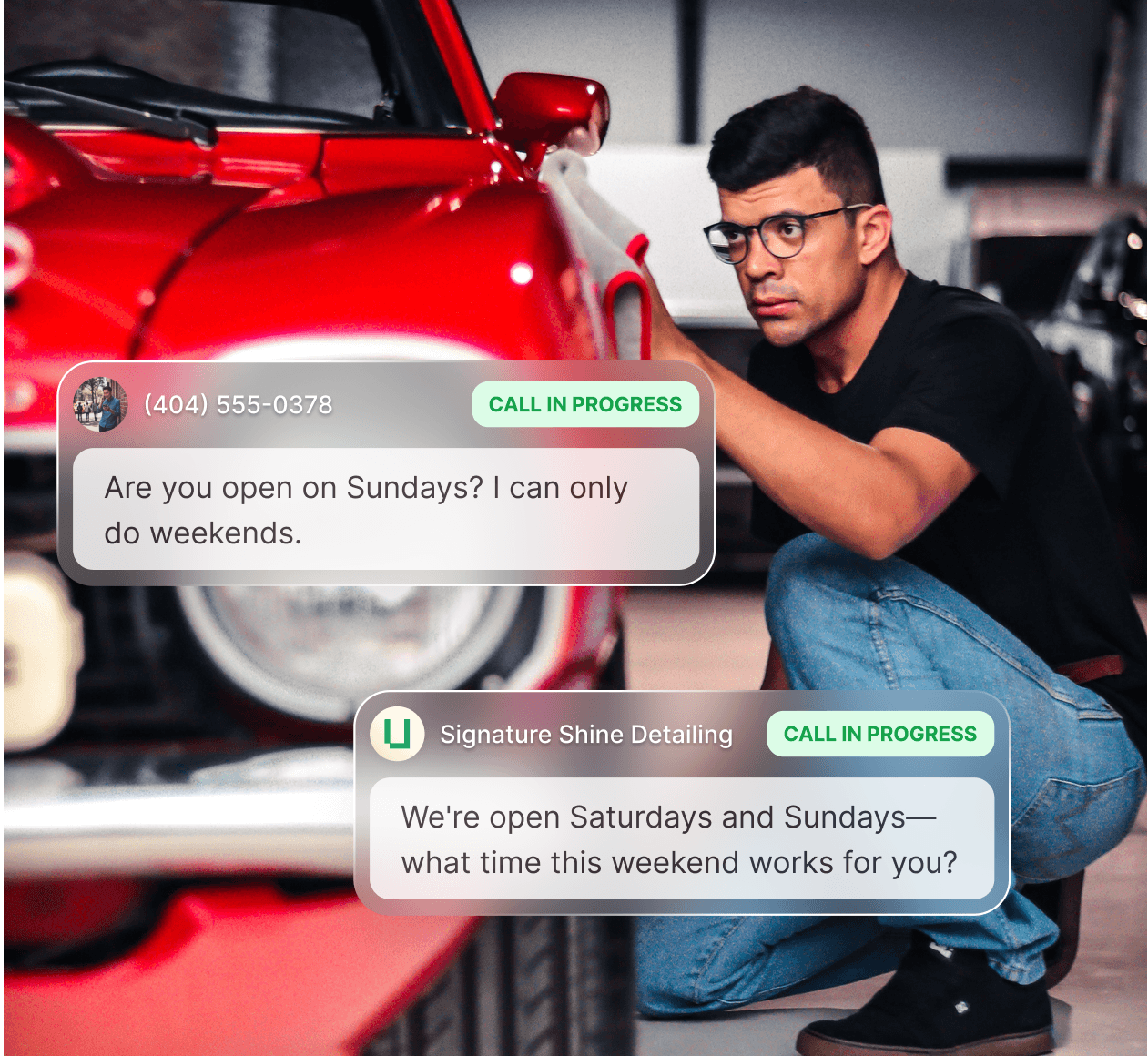 Upfirst answering an after-hours call from a vehicle owner requesting a full interior detail and sending the summary to the detailer's phone.