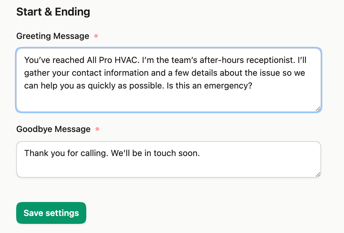 Screenshot of Upfirst interface showing the ability to set a custom greeting message