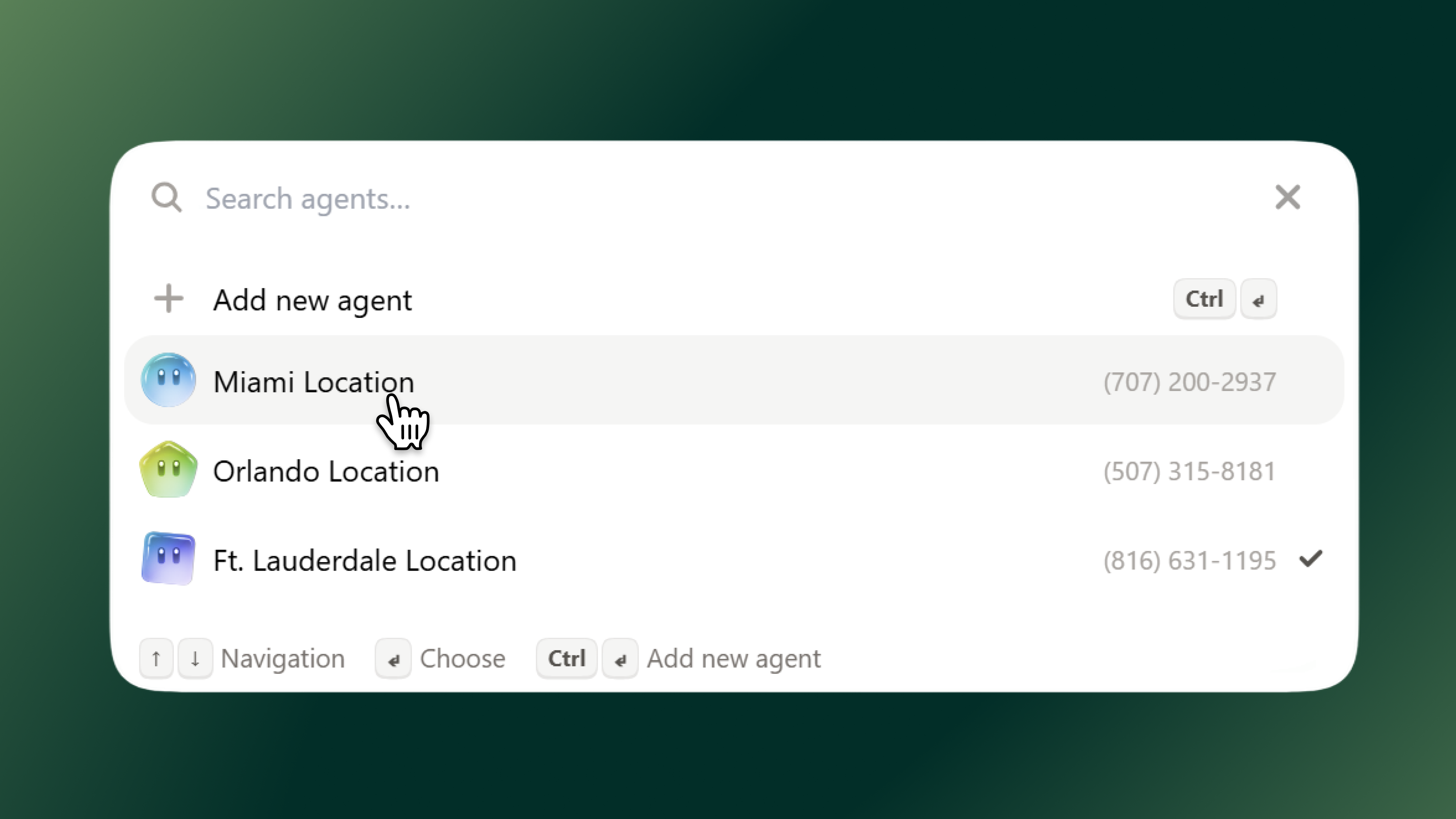 The agent dropdown in Upfirst showing several agents under one account.