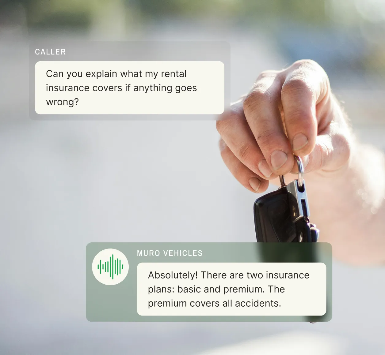 A customer asks about rental insurance coverage and the car rental answering service explains the basic and premium plans.
