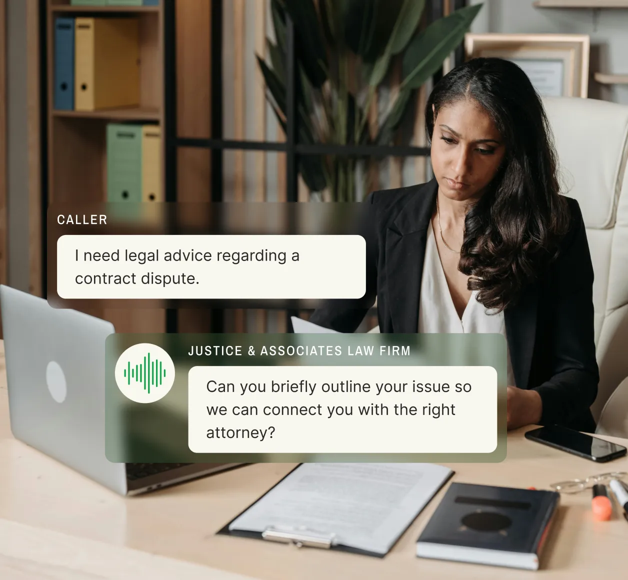 A professional at a desk reviews a call transcript overlay, emphasizing the role of call recording software for business in handling customer inquiries.