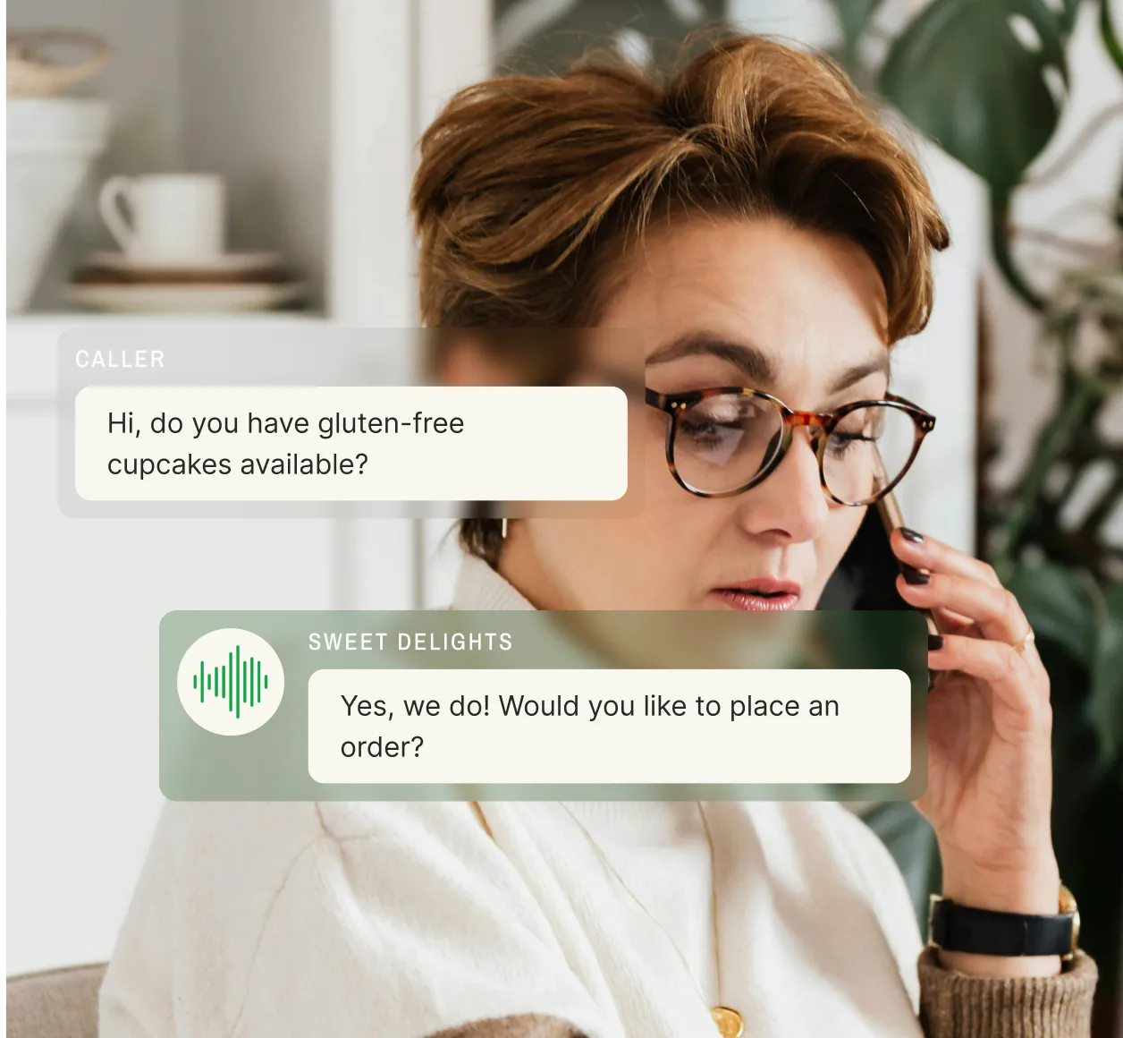 Customer inquiring about gluten-free cupcakes availability, assisted by an after hours answering service representative.