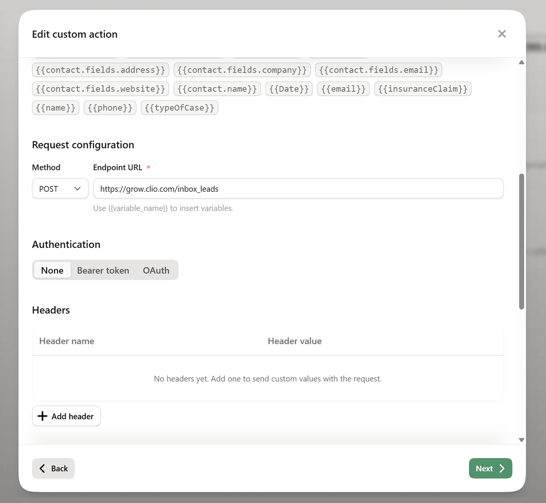 Configuring the POST request URL for the Clio Grow inbox leads endpoint