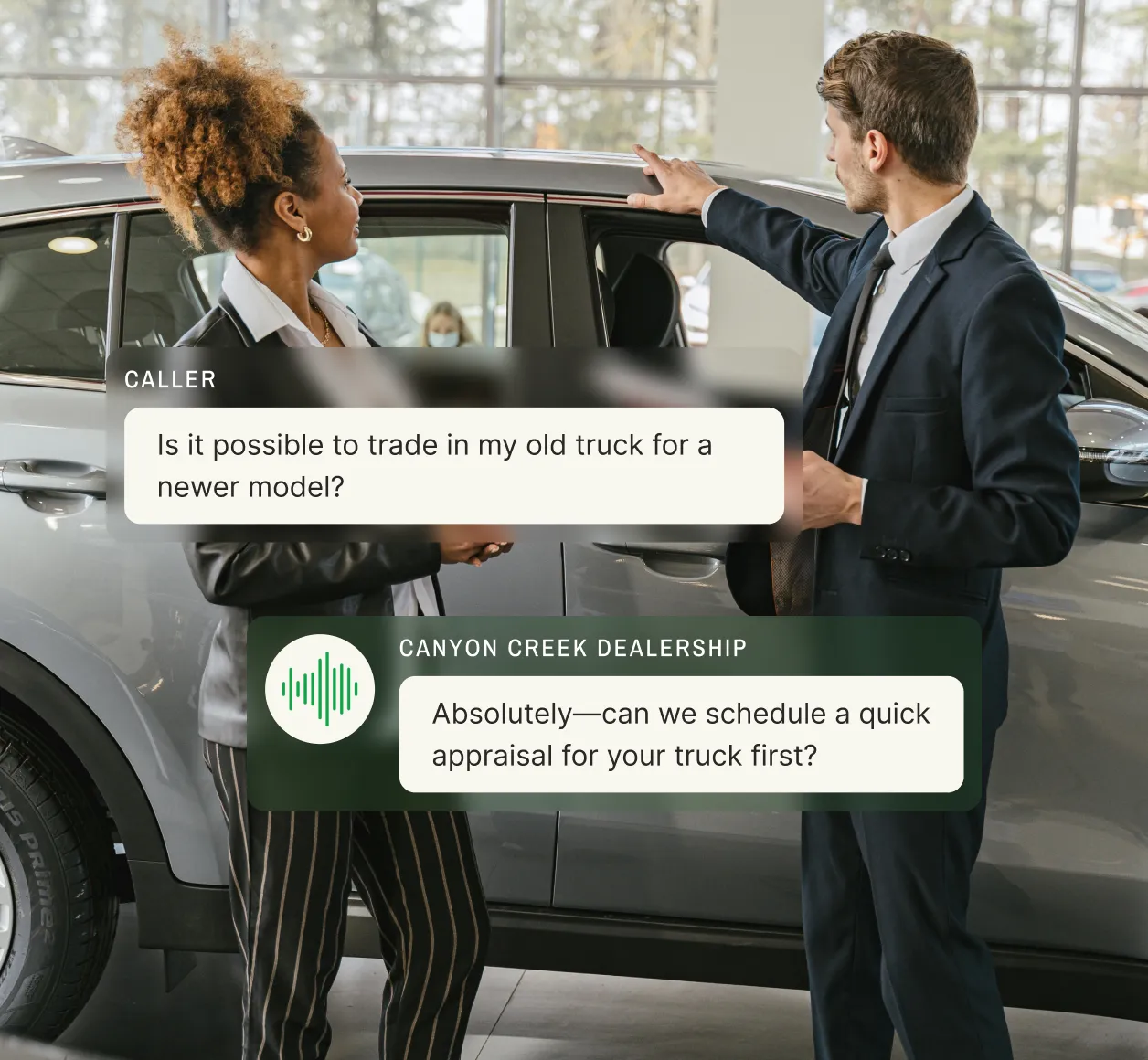 A customer inquires about trading in a truck, and an automotive call center agent suggests scheduling an appraisal.