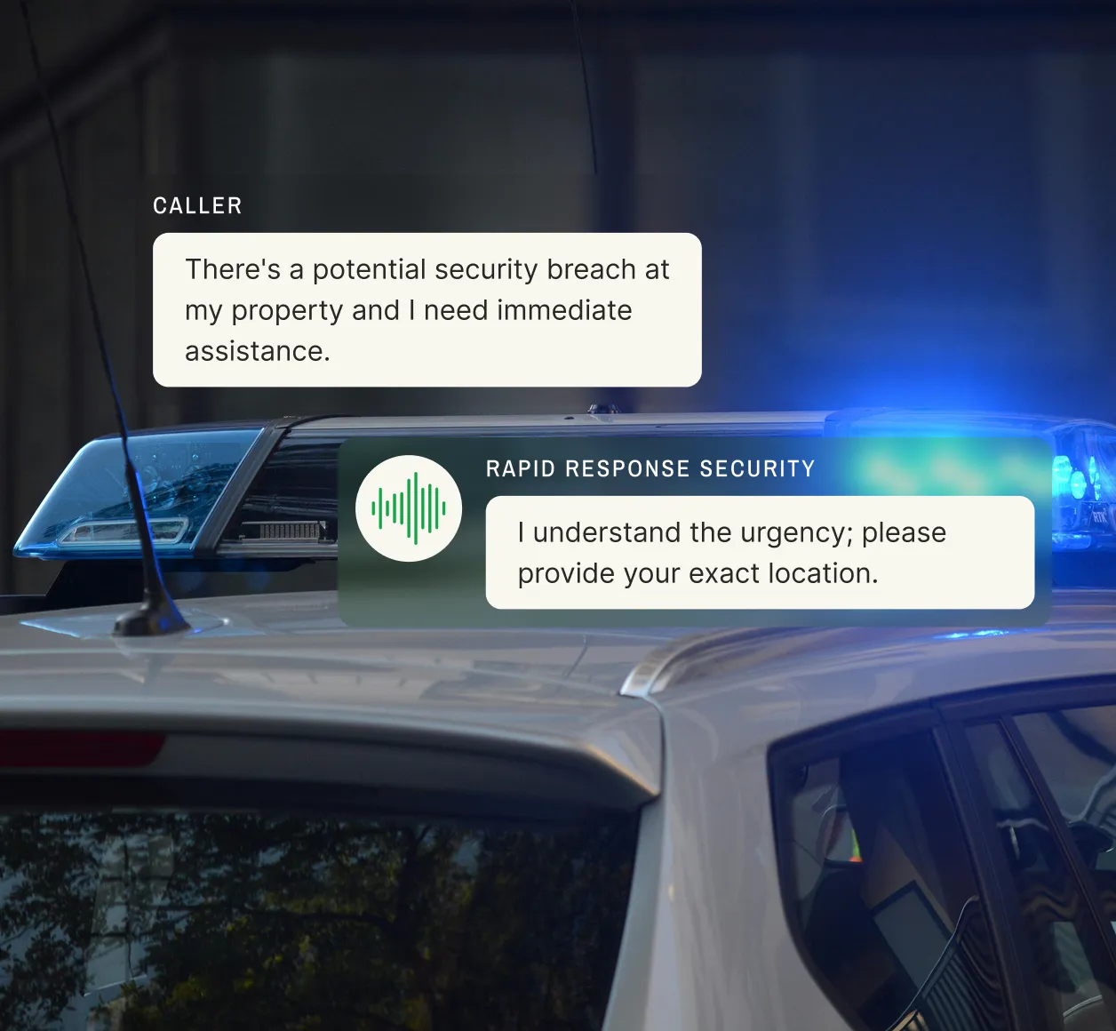 A police car with flashing lights is shown while a caller reports a security breach, highlighting an answering service for security agencies.