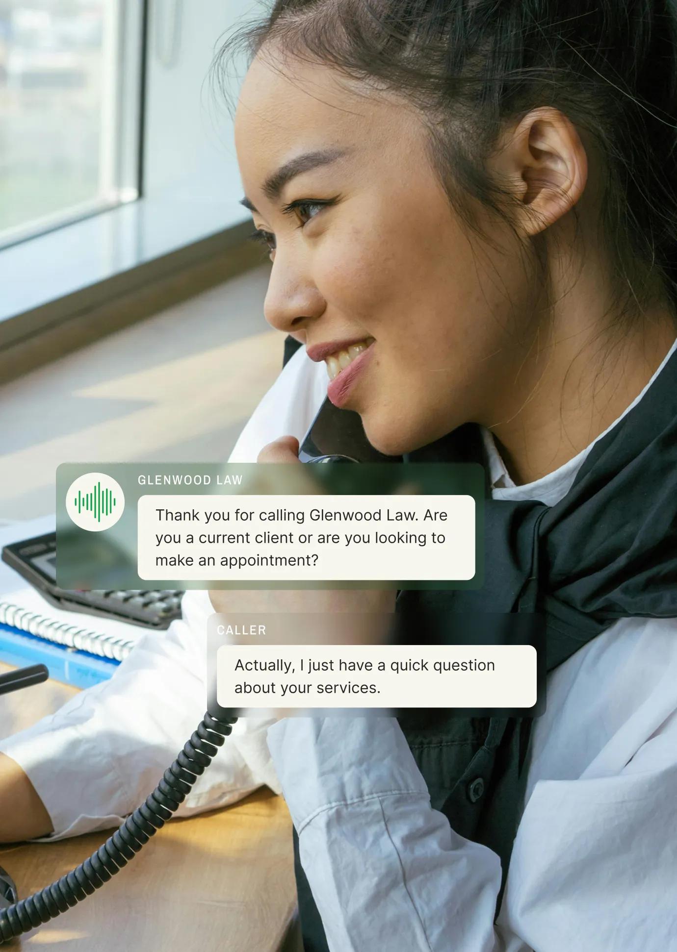 A phone prompt system asks if the caller is a current client or booking an appointment, and the caller replies with a question about services.