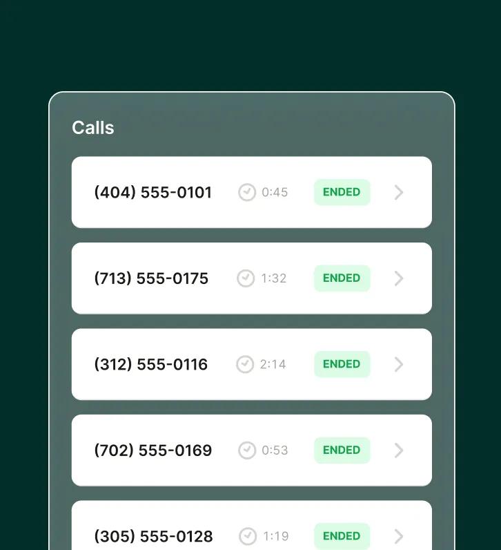 Call management dashboard displaying completed phone calls handled by a barbershop answering service.