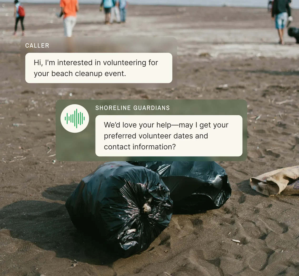 A beach cleanup event with trash bags while a caller offers to volunteer, and the phone service for nonprofit organizations asks for details.