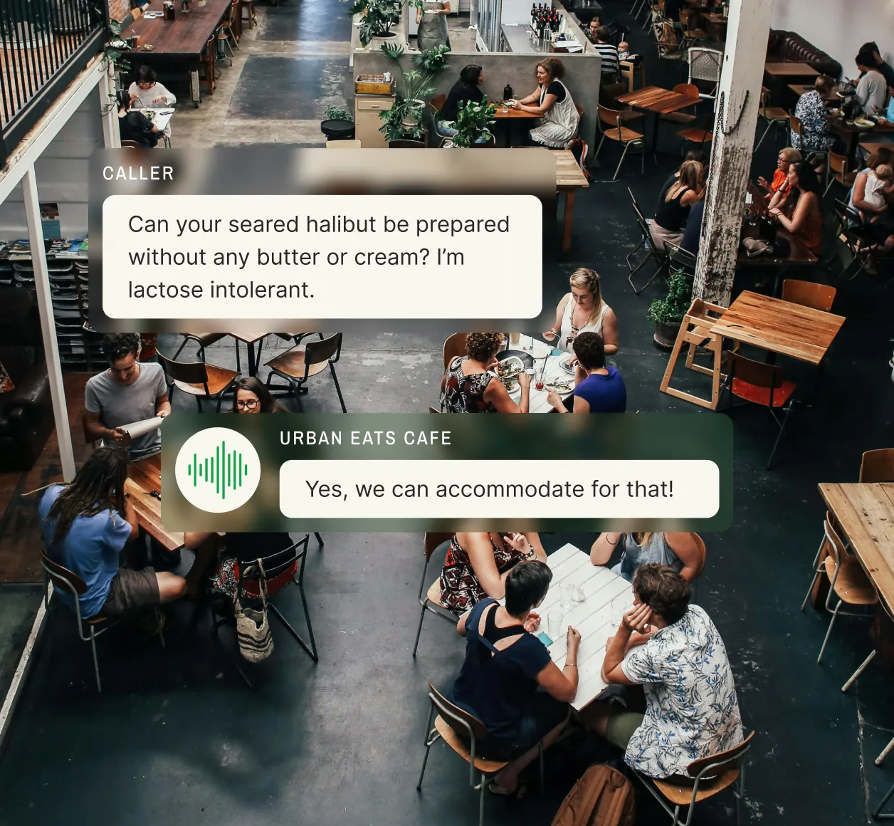 A restaurant server accommodating a caller's lactose intolerance request, illustrating overflow reception services in hospitality.