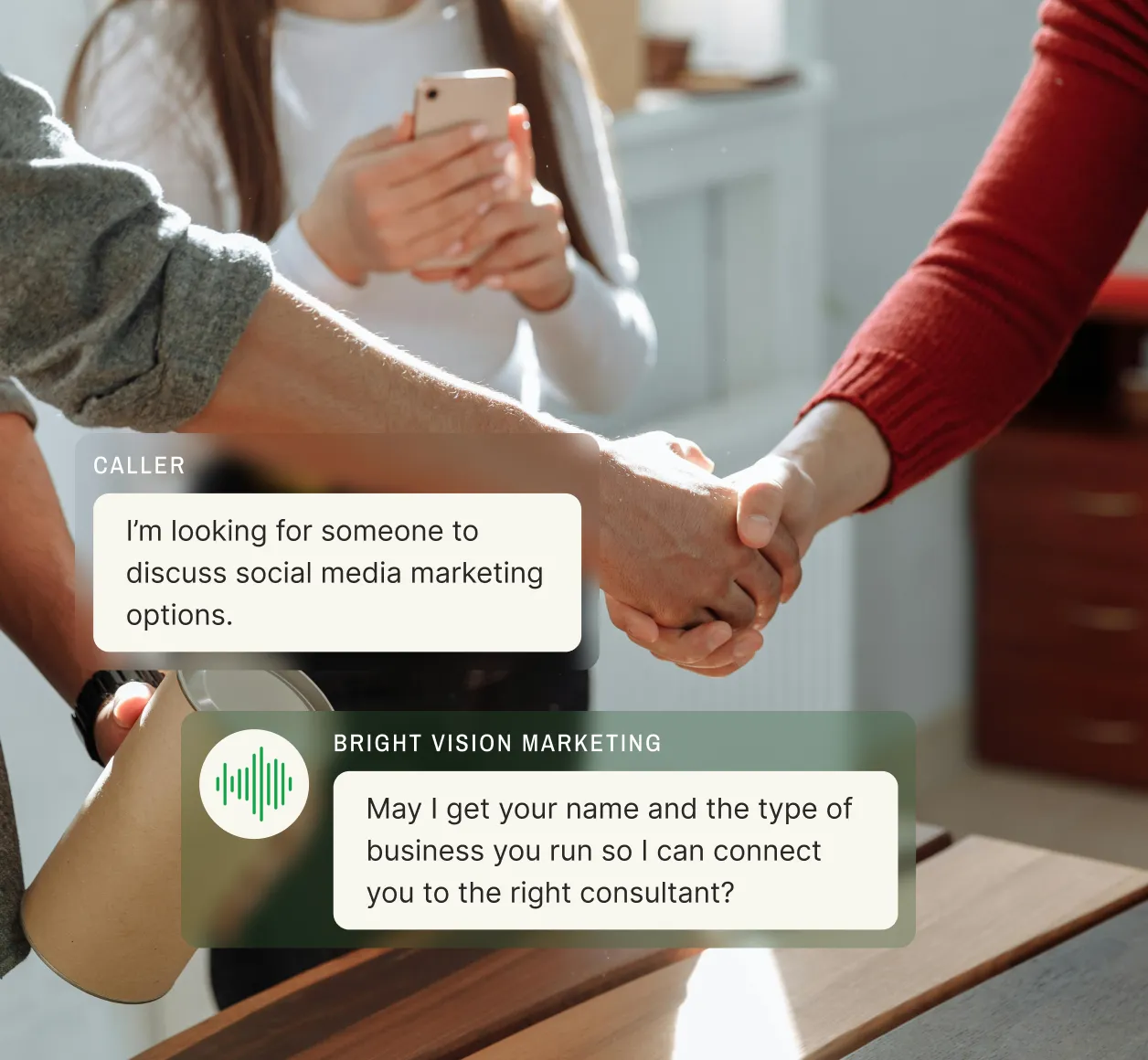 A caller discusses social media marketing options, and the call screening service gathers the business type and caller details, emphasizing customized telephone call screening.