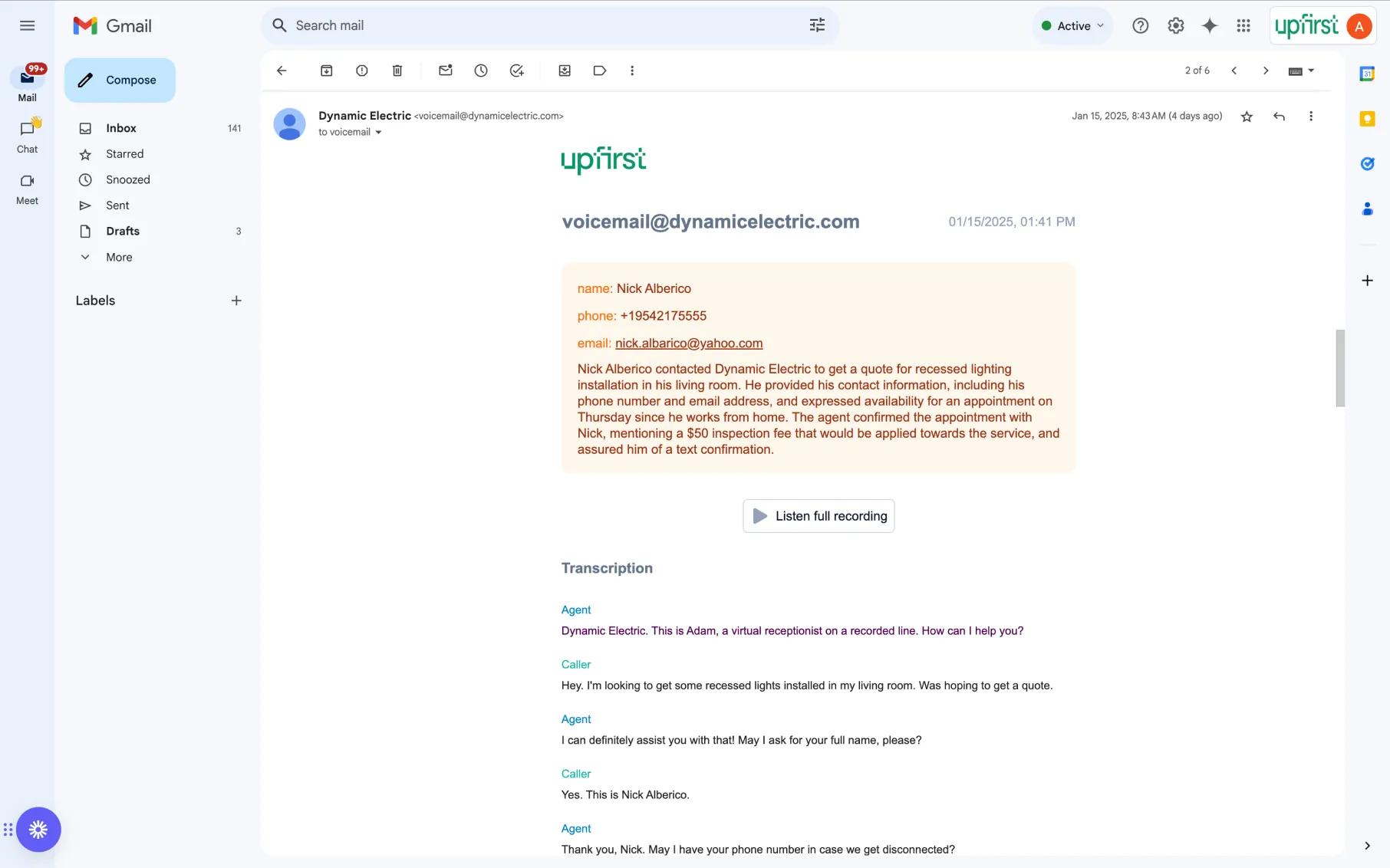 Example email with a summary of a voicemail from a customer and a link to listen to the full call