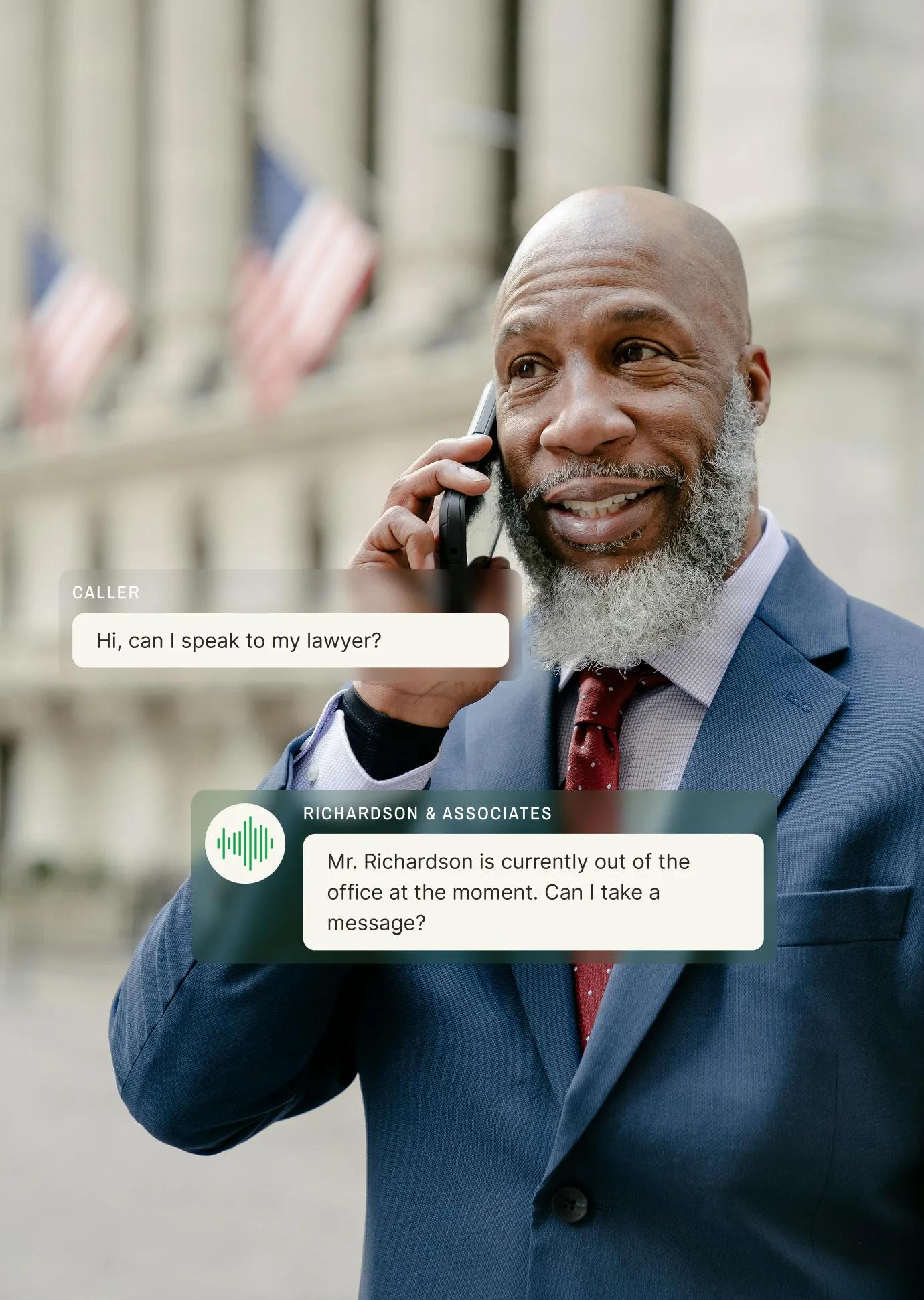 Missed call text back service responds to a legal client call by offering to take a message while the lawyer is unavailable.