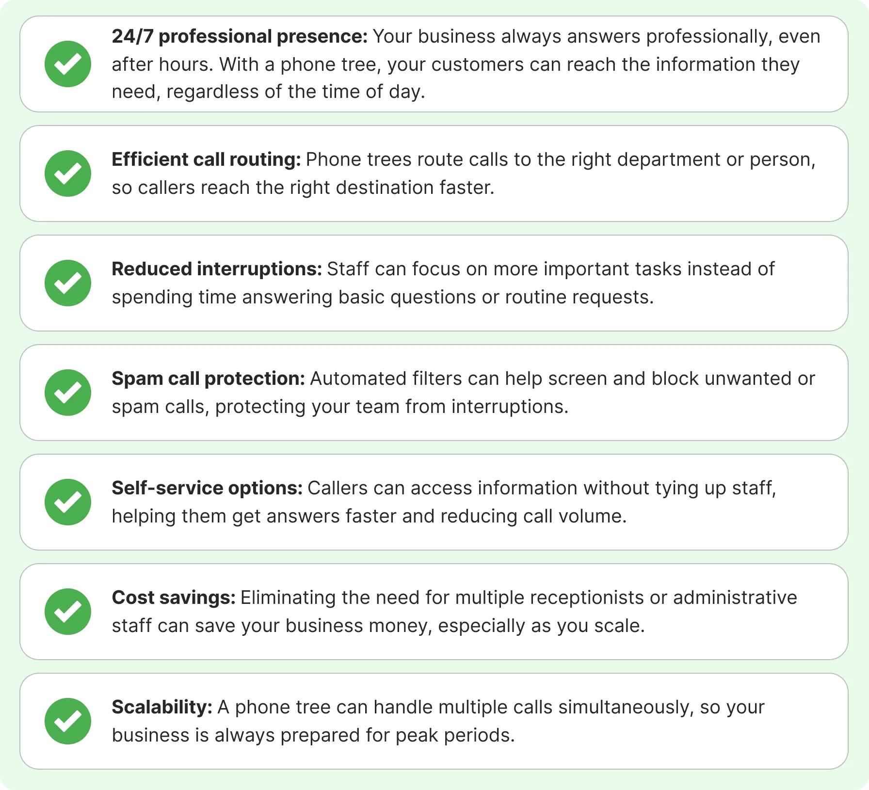 Benefits of phone tree systems including 24/7 presence, efficient call routing, self-service, cost savings, and scalability.