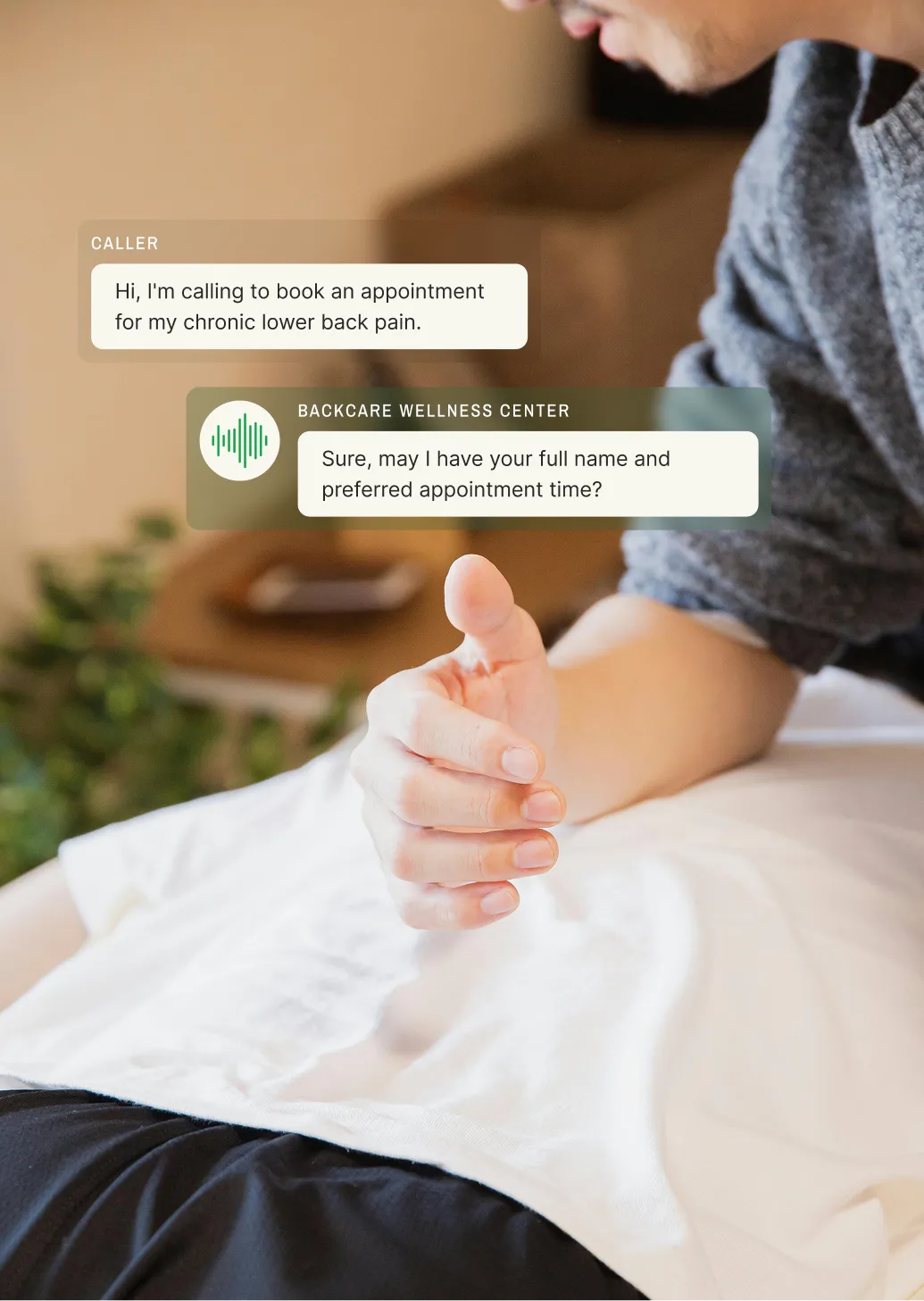 A carpenter wearing a mask works on a laptop in a woodshop, while a text exchange from an answering service for flooring companies shows a caller requesting a hardwood floor installation estimate and receiving a confirmation of their address and wood type preference.