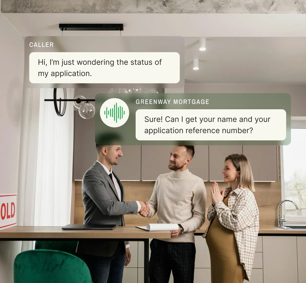 A mortgage broker's answering service responds to a caller asking about their application status, requesting their name and reference number.