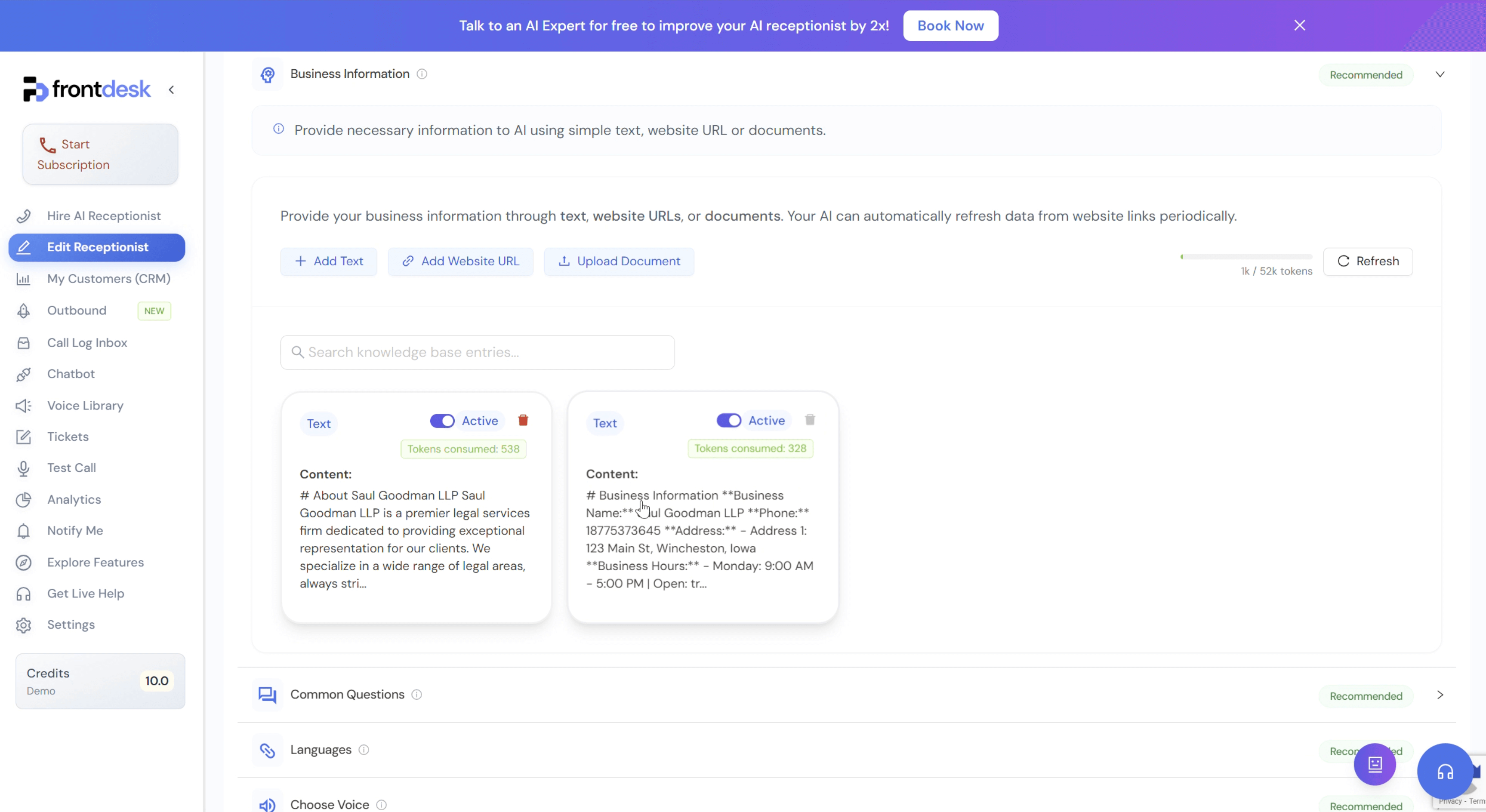 Screenshot of My AI Front Desk AI answering service