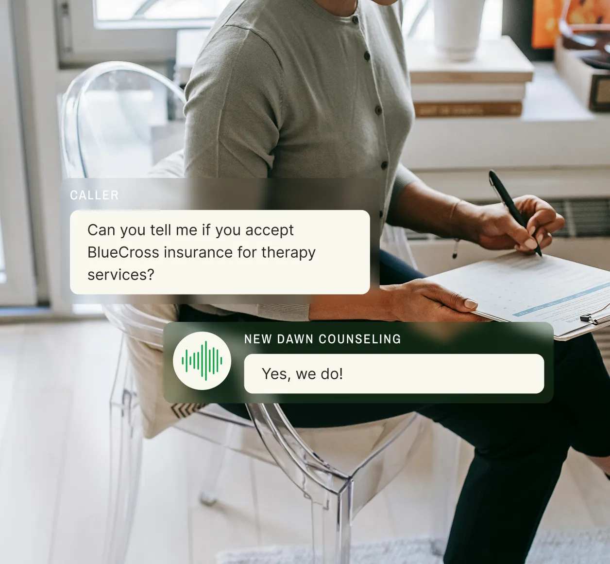 A caller asks about BlueCross insurance and the answering service for mental health confirms they accept it.
