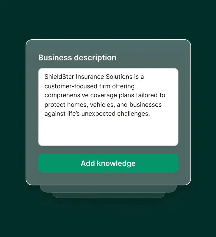 A business description card for an insurance answering service showing a text box with company details and an “Add knowledge” button.