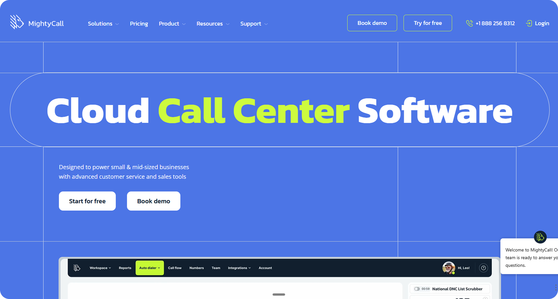 MightyCall's homepage displaying its cloud-based IVR system designed for small and mid-sized businesses with auto dialer and call flow management tools.