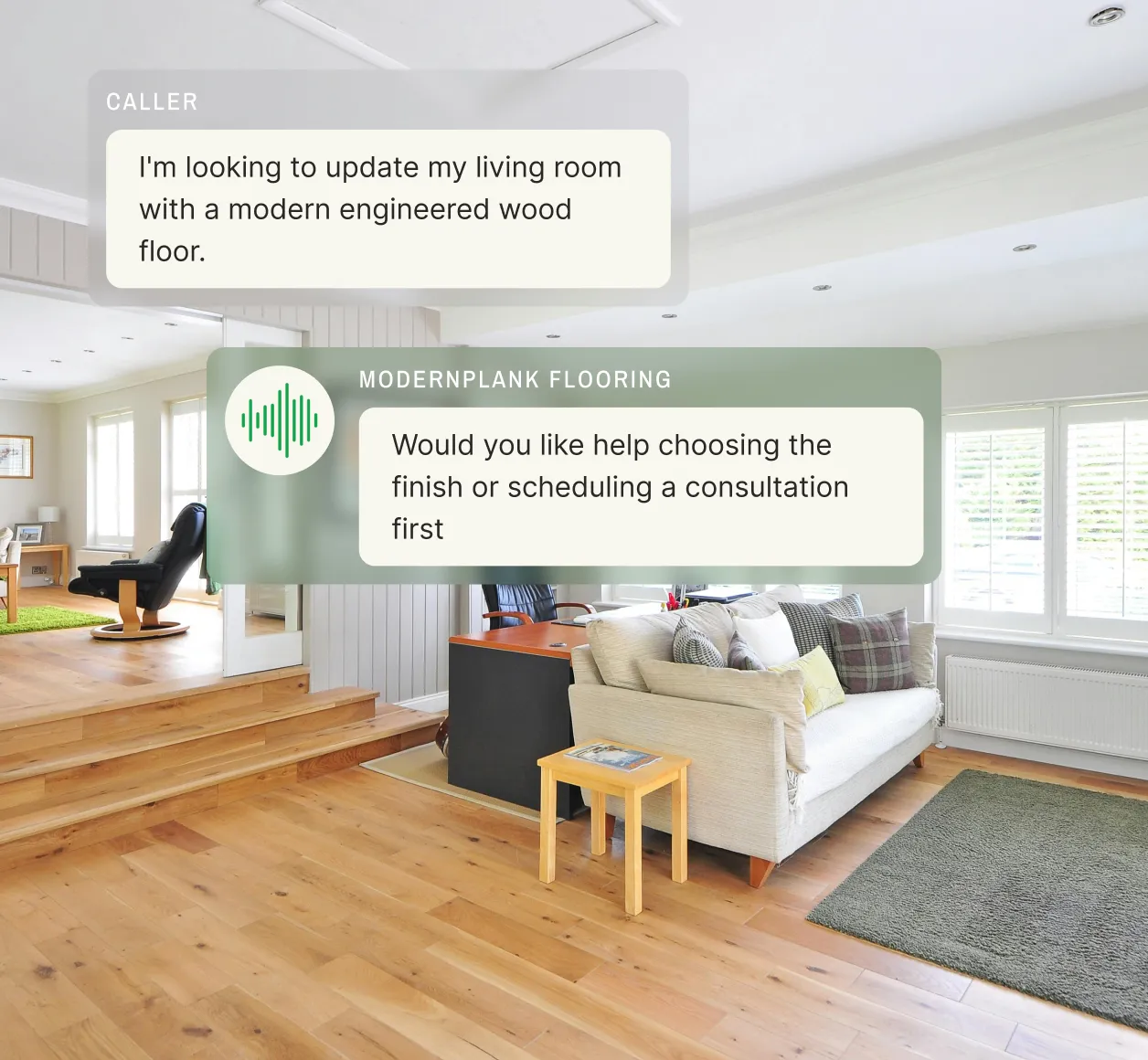 A modern living room with engineered wood flooring, where a text conversation from an answering service for flooring contractors shows a caller inquiring about floor updates and receiving an offer to help choose a finish or schedule a consultation.