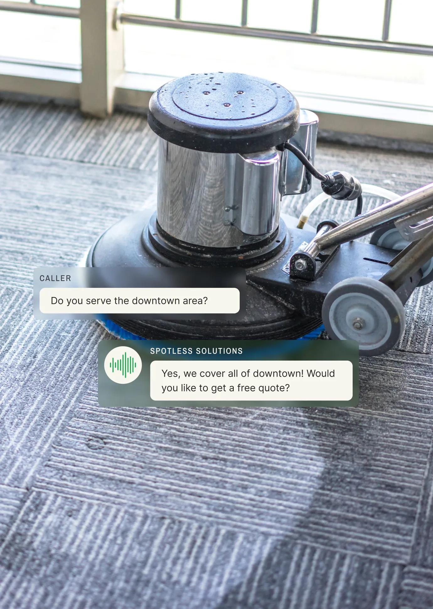 Commercial carpet cleaning machine with chat overlay showing answering service responding to customer inquiry about downtown service coverage